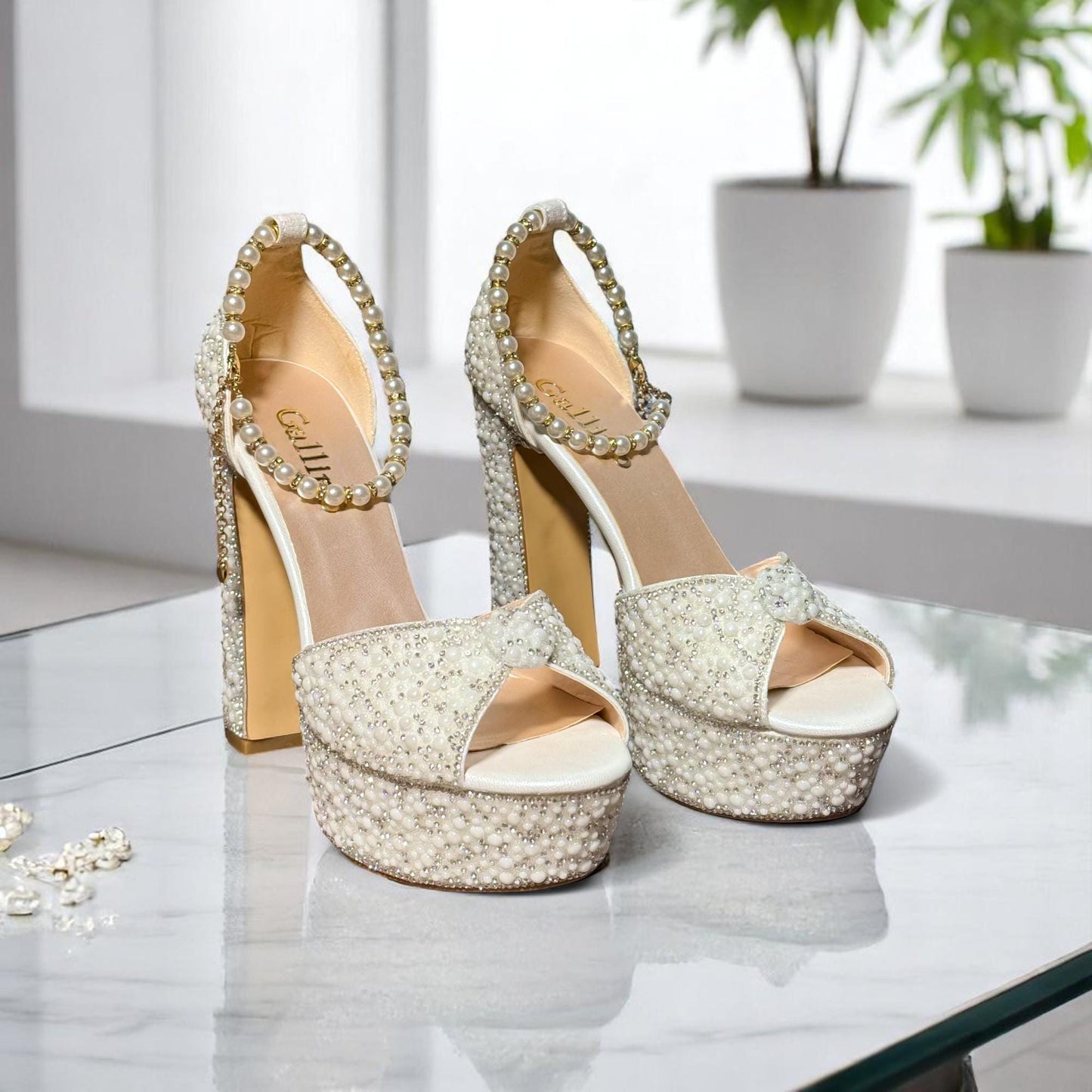 Pearl Rhinestone Wedding Shoes, Platform Bridal Heels with Crystal Sparkle, Ivory Block Heel