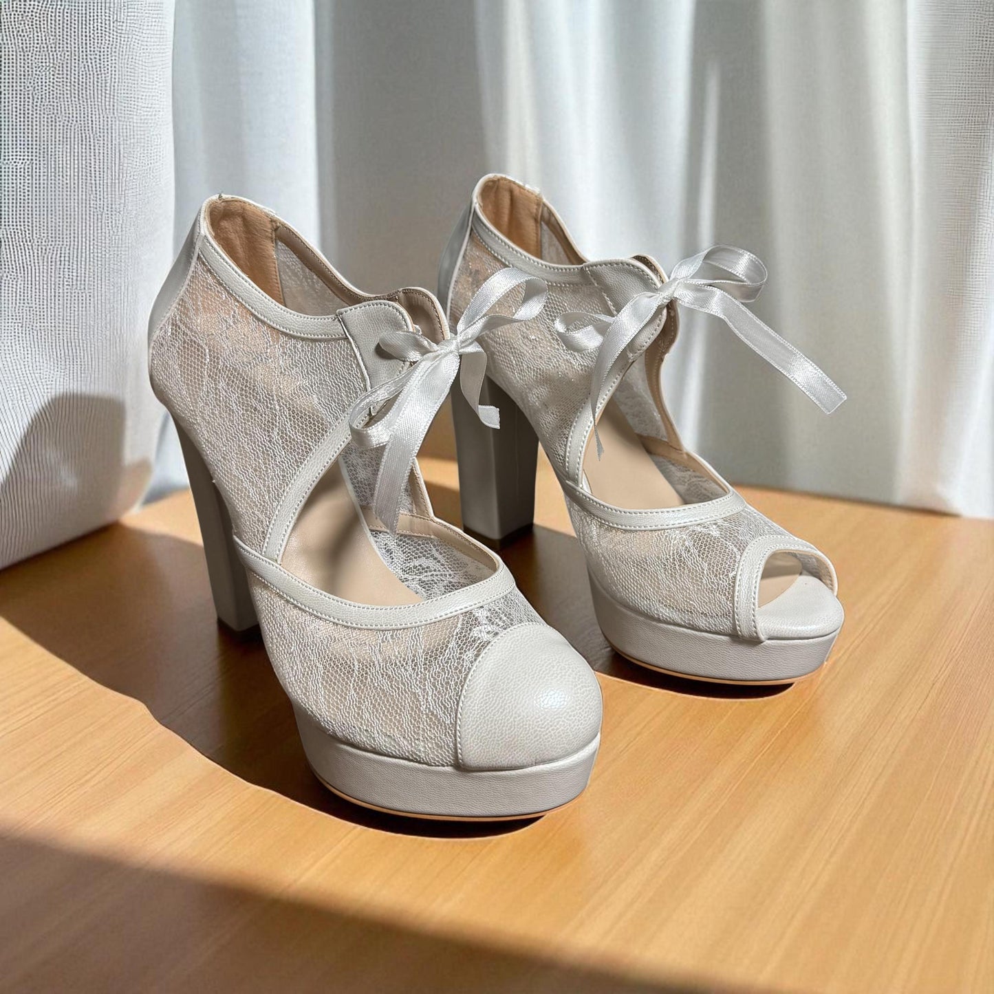 Pearl Lace Platform Bridal Shoes, Open Toe Wedding Shoes, Block High Heels
