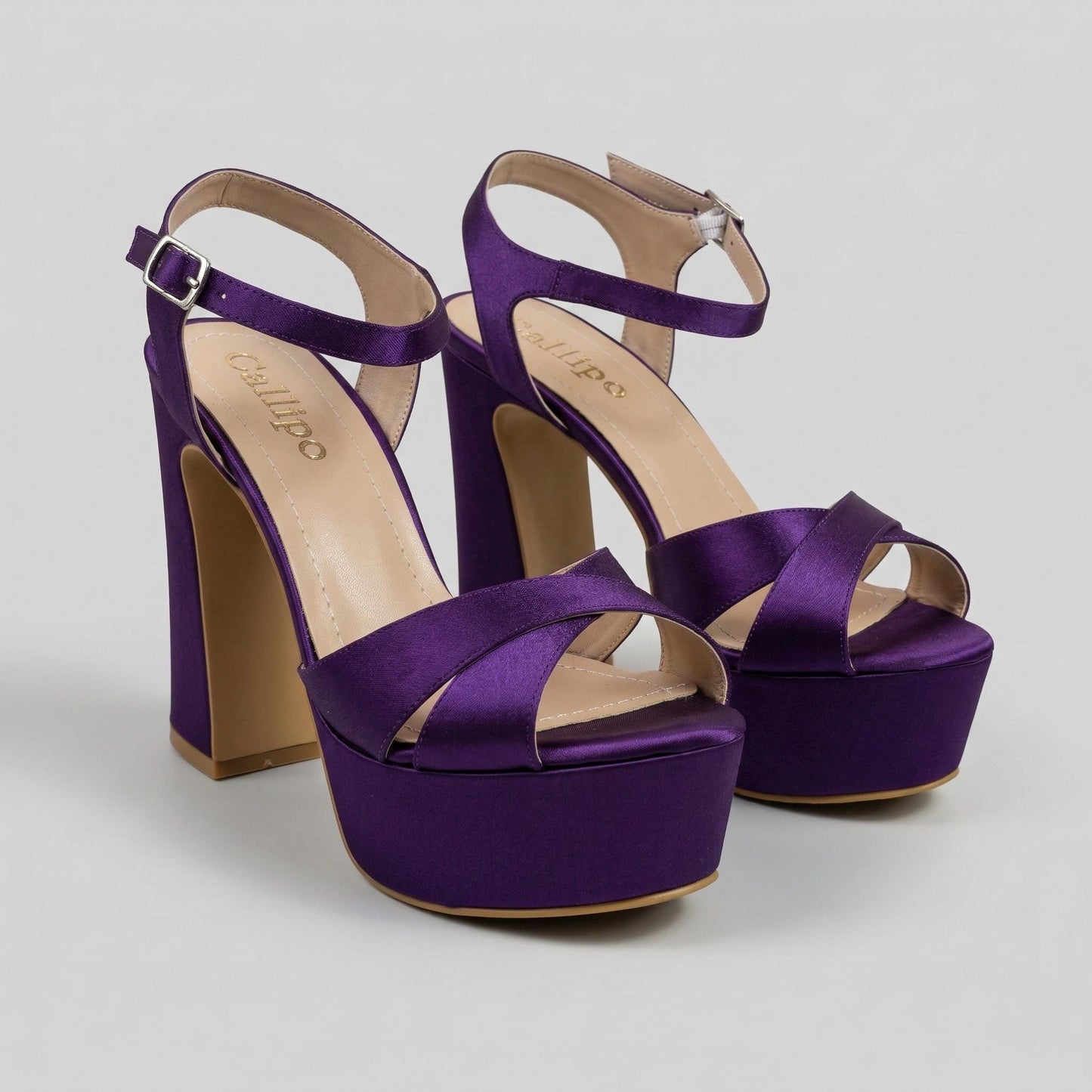 Lilac Satin Platform Bridal Shoes, High Block Heel Sandals, Open Toe Wedding Shoes