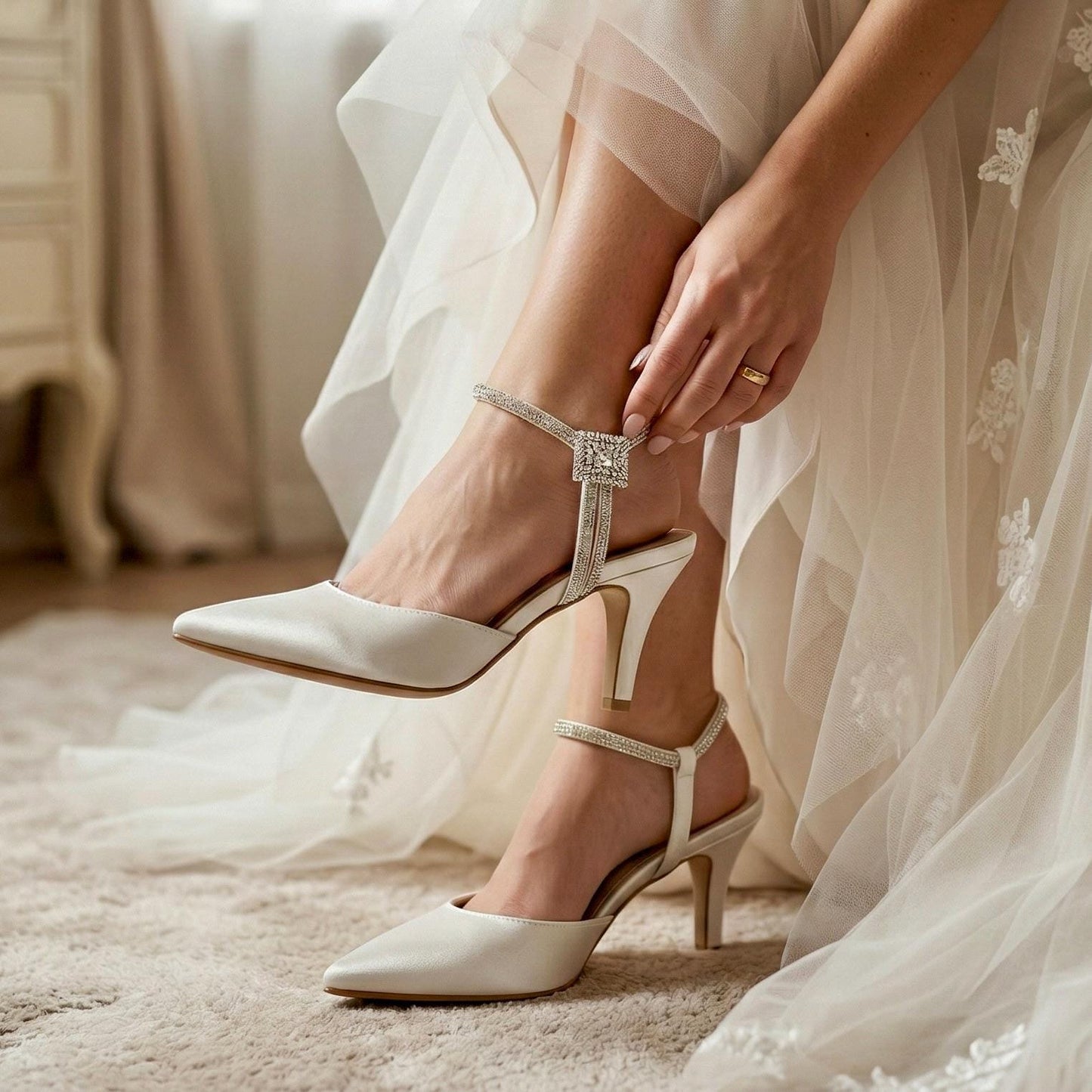 Ivory Satin Bridal Shoes with Crystal Ankle Strap, Slingback Wedding Shoes, Kitten Heels