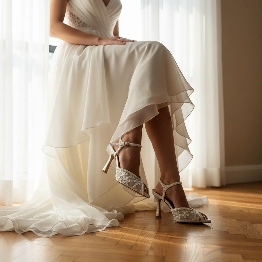 Ivory Mesh Floral Bridal Shoes, Pearl Embroidered Wedding Shoes, Lace Slingback Heels