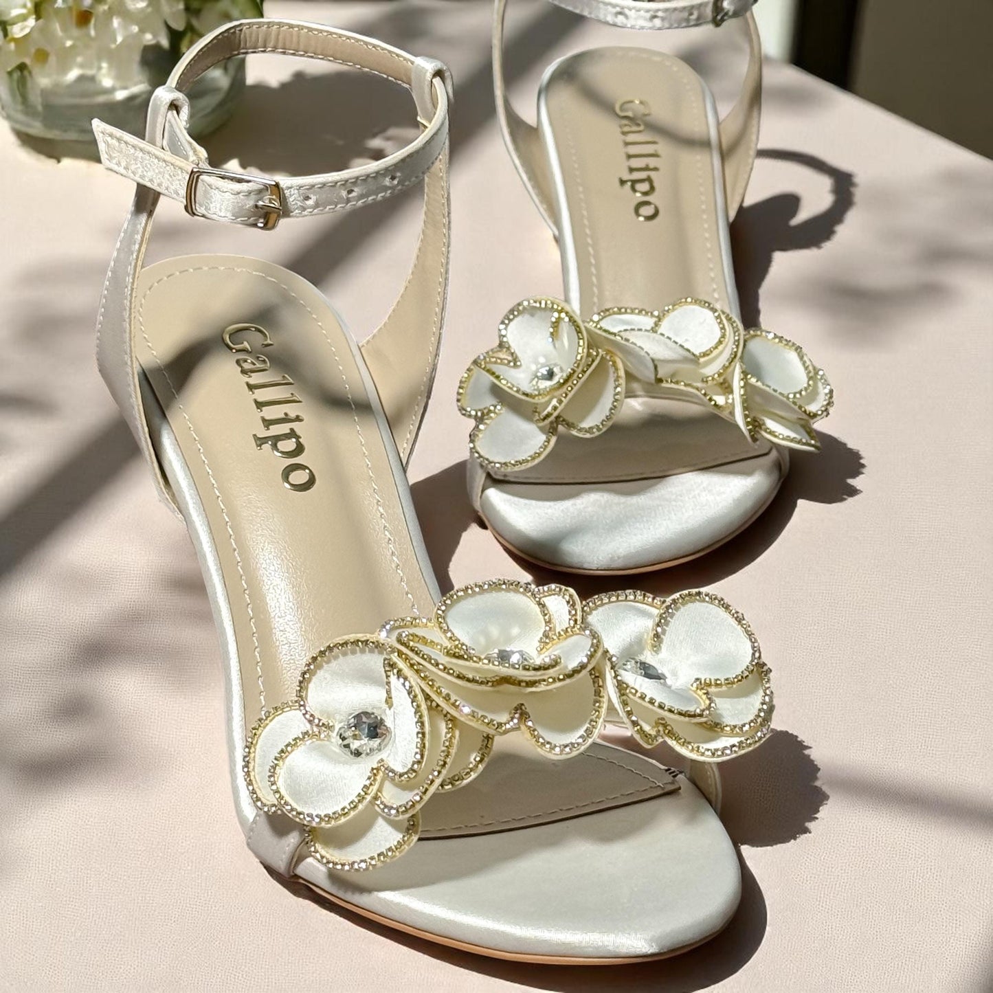 Ivory Satin Bridal Shoes with 3D Flower Detail, Wedding Heels