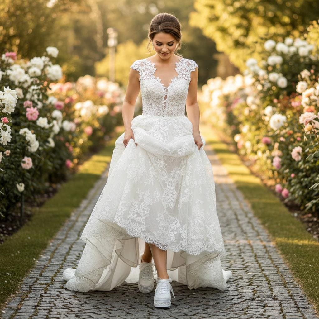 Pearl Bridal Sneakers, Ivory Lace Wedding Shoes, Platform Comfortable Bride Sneakers