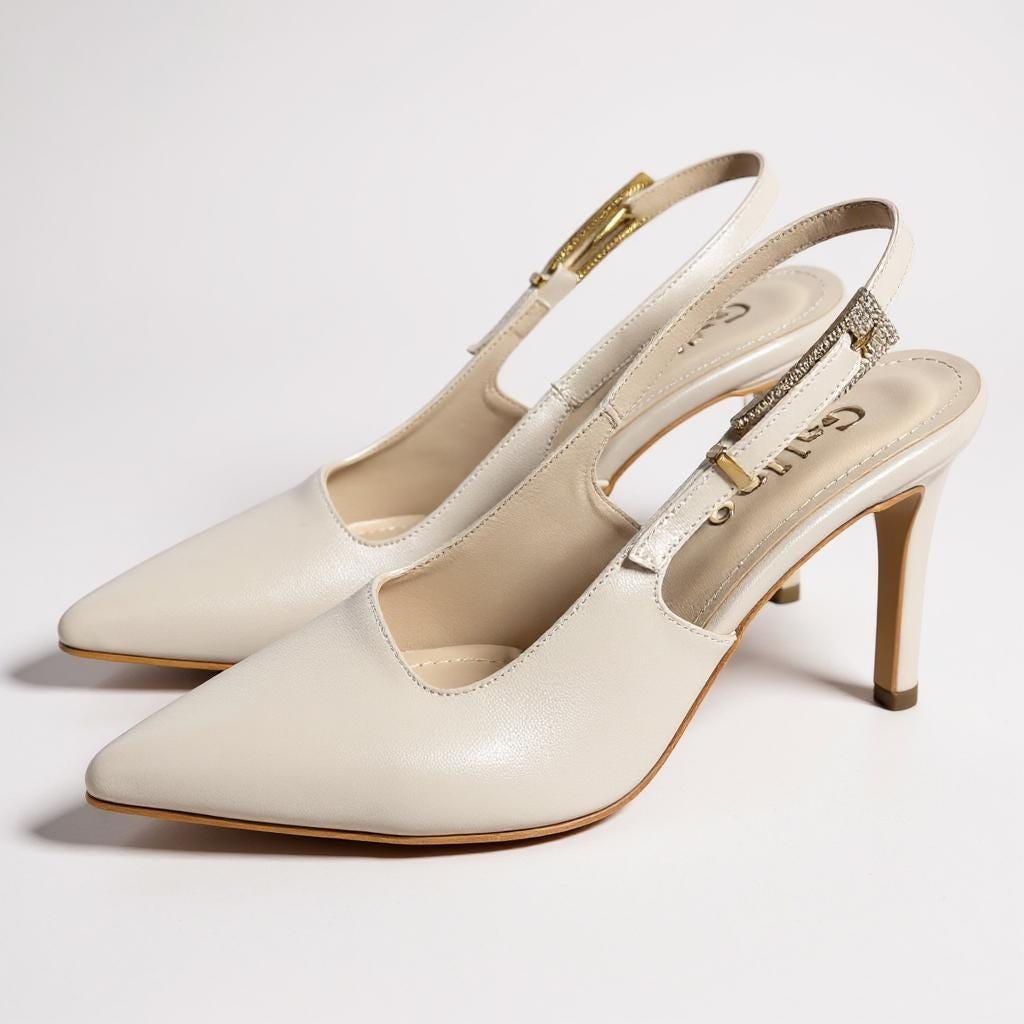 Ivory Leather Slingback Wedding Shoes with Crystal Buckle, Pearl Bridal Shoes, Kitten Heels