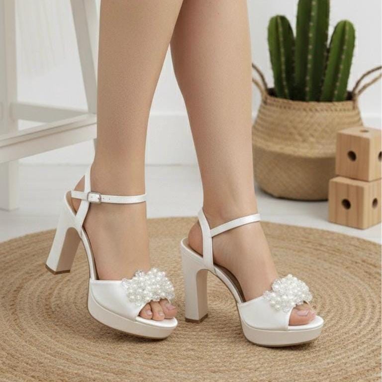 Pearl Embellished Bridal Shoes, High Block Heels Platform Wedding Shoes