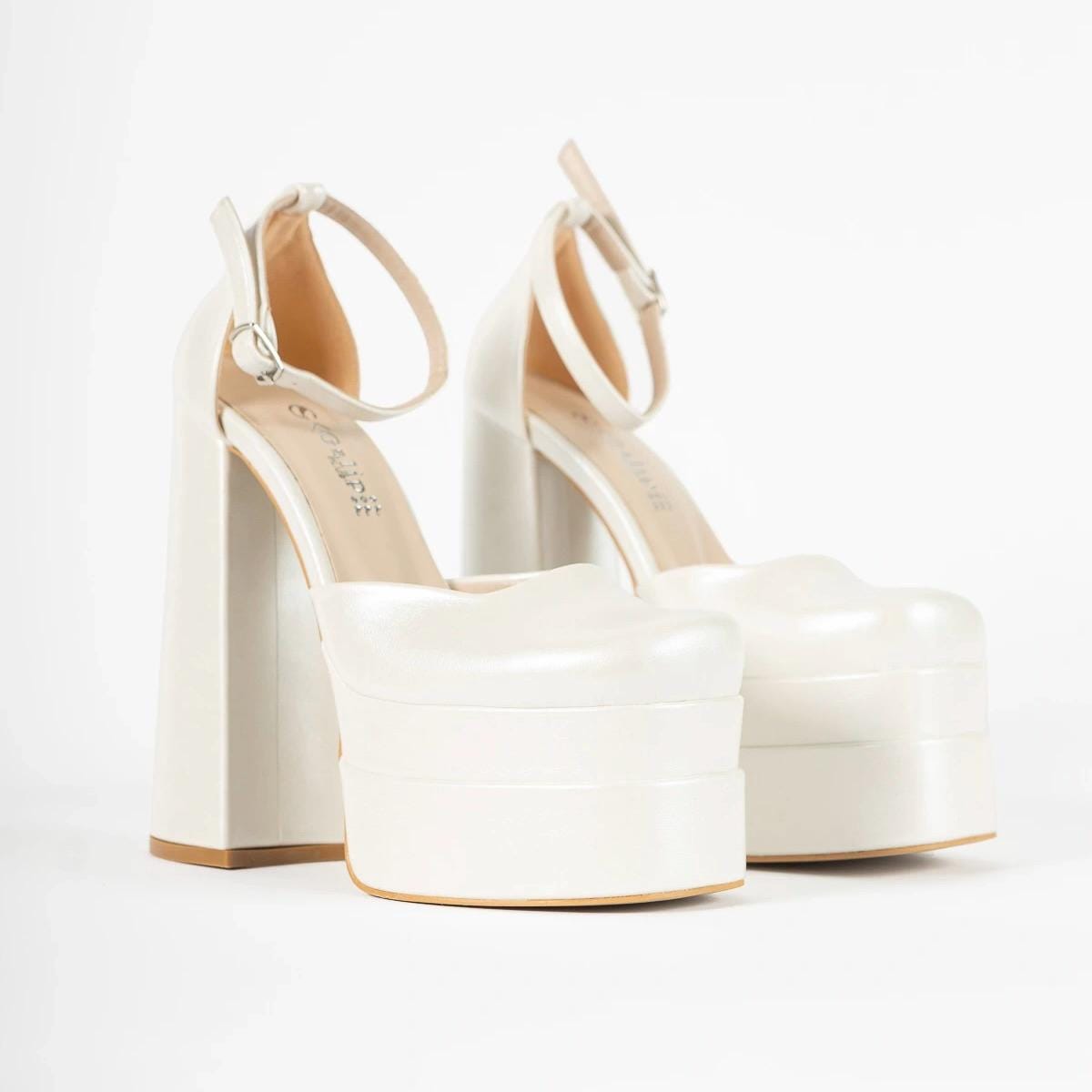 Platform Bridal Shoes Ivory, Closed Toe Chunky Wedding Shoes Ankle Strap High Heel Sandals