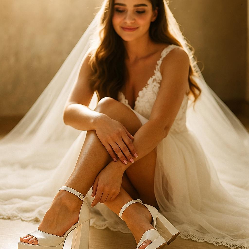 Retro Leather Platform Bridal Shoes, Pearl Open Toe Comfy Wedding Shoes