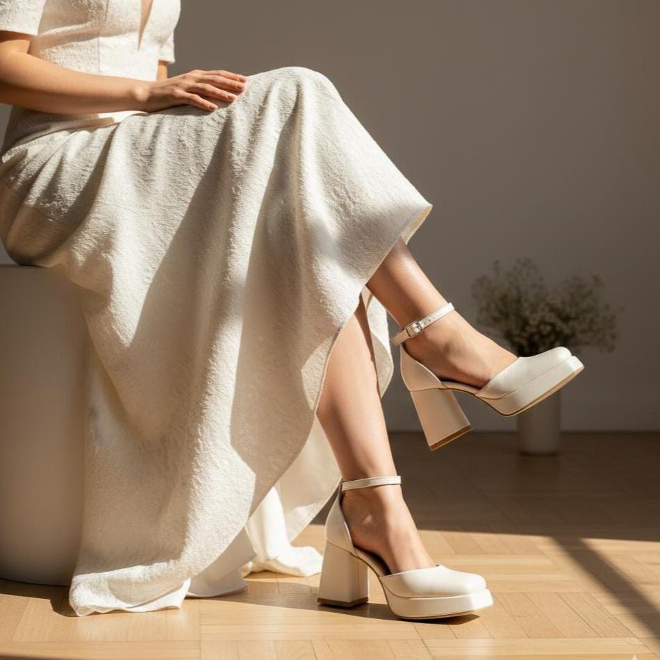 Retro Ivory Leather Bridal Shoes, Platform Block Heel, Ankle Strap Comfortable Wedding Shoes