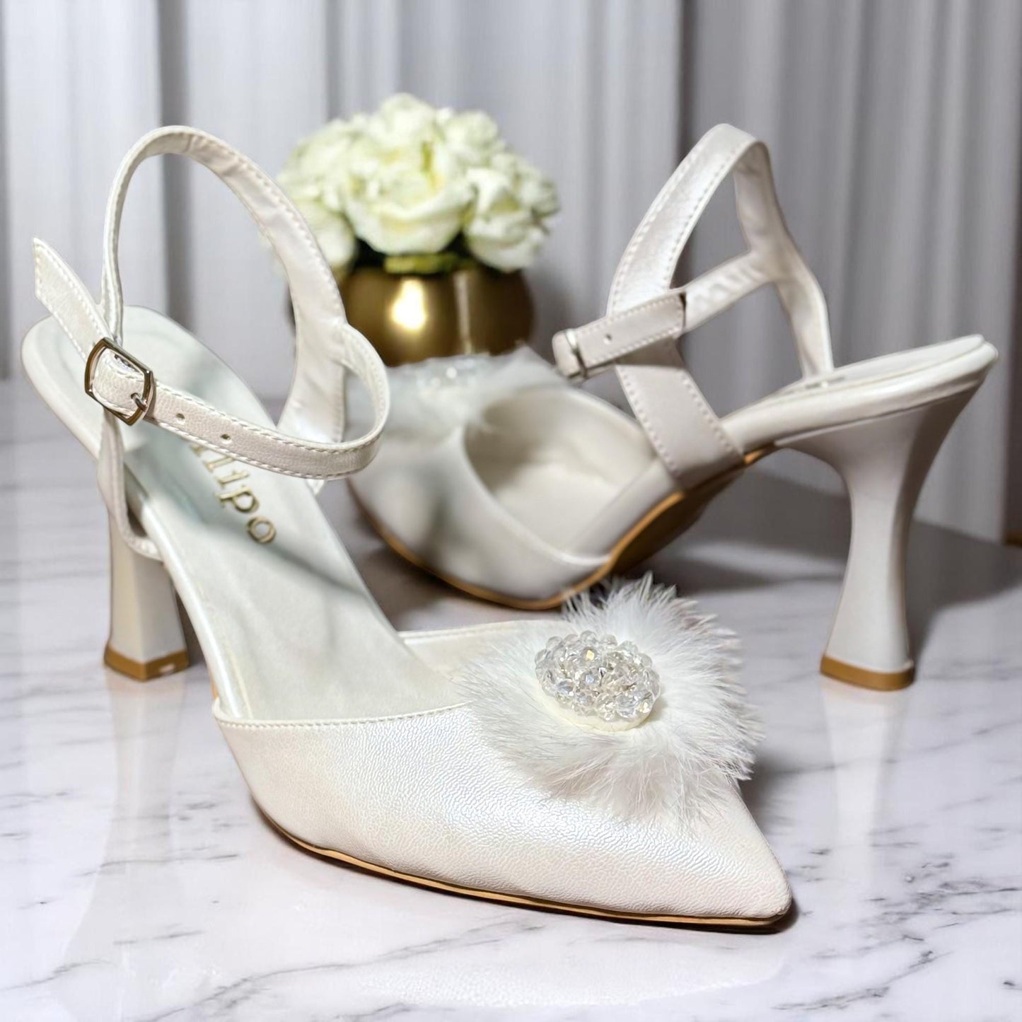 Pearl Feather Bridal Shoes, Crystal Slingback Wedding Shoes, Coach Kitten Heels