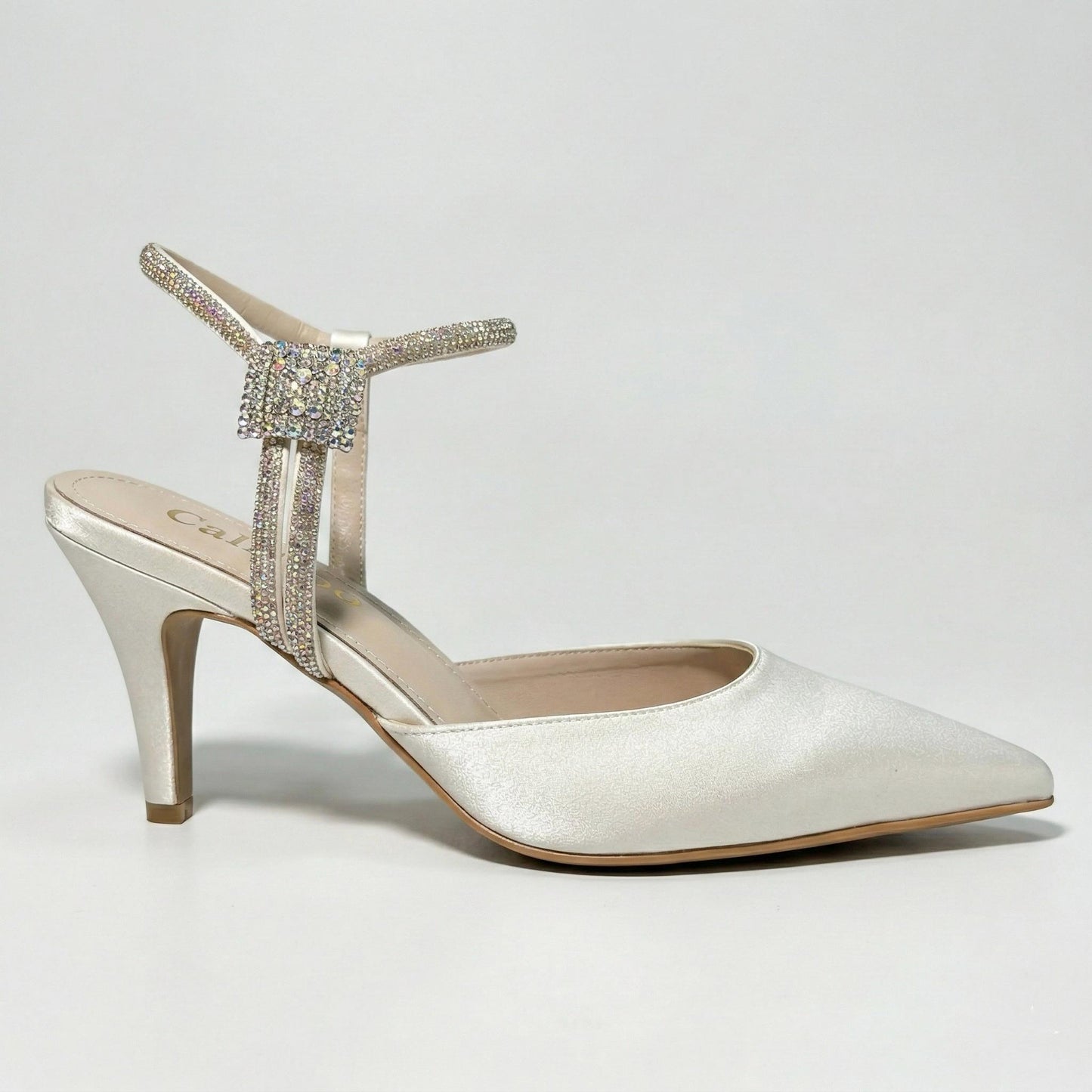 Ivory Satin Bridal Shoes with Crystal Ankle Strap, Slingback Wedding Shoes, Kitten Heels