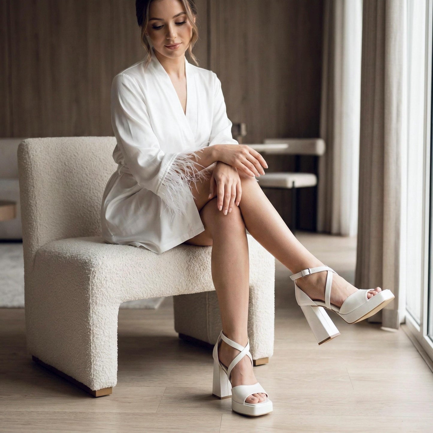 Pearl Platform Bridal Shoes, Criss Cross Wedding Shoes High Block Heels
