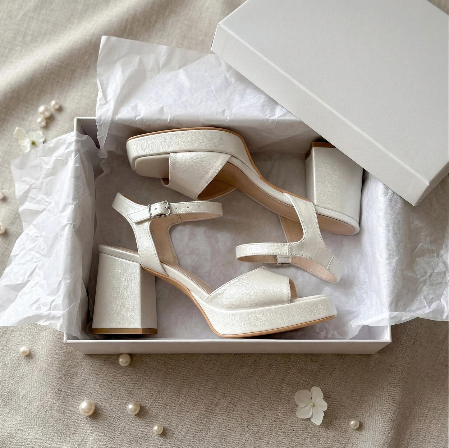 Ivory Leather Bridal Shoes, Open Toe Low Block Heel Wedding Shoes