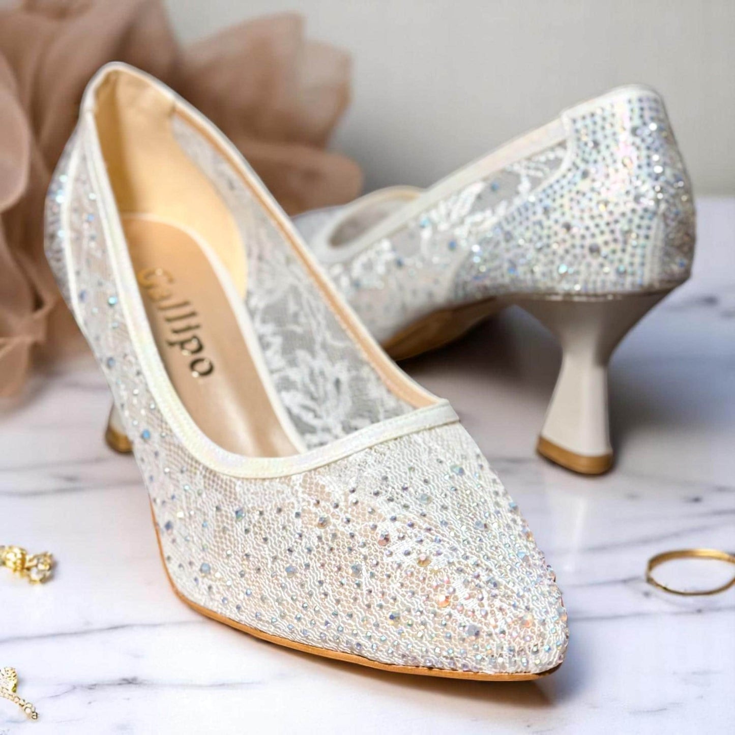 Pearl Lace Bridal Shoes, Sheer Mesh Rhinestone Wedding Shoes, Pointed Toe Low Heel