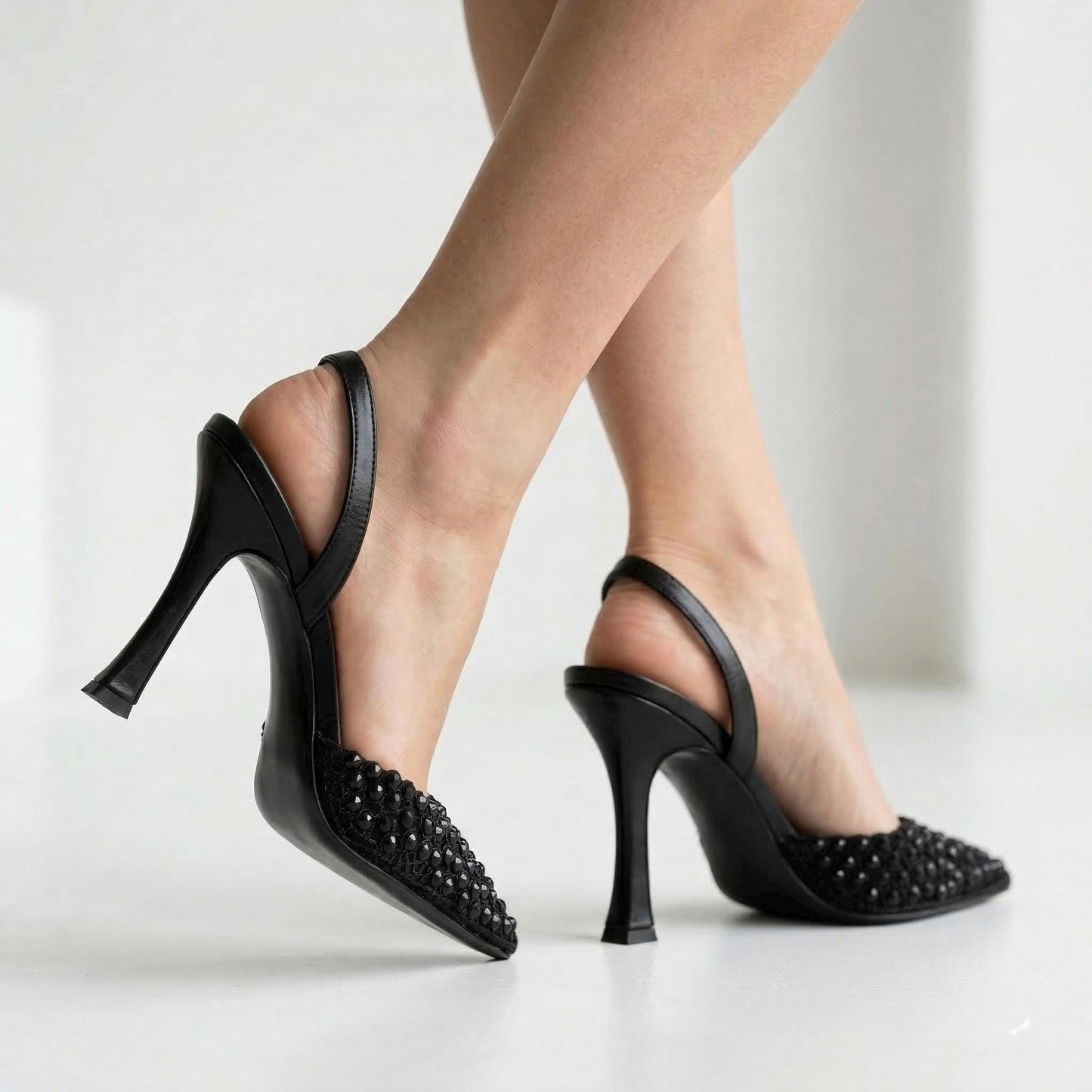 Black Crystal Embellished Heels, Mesh Slingback Pumps, Pointed Toe Evening Party Shoes
