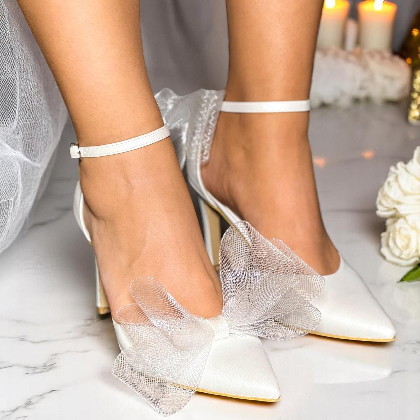 Pearl Stiletto Bridal Shoes, Leather Wedding Shoes with Tulle Bow, Kitten Heels