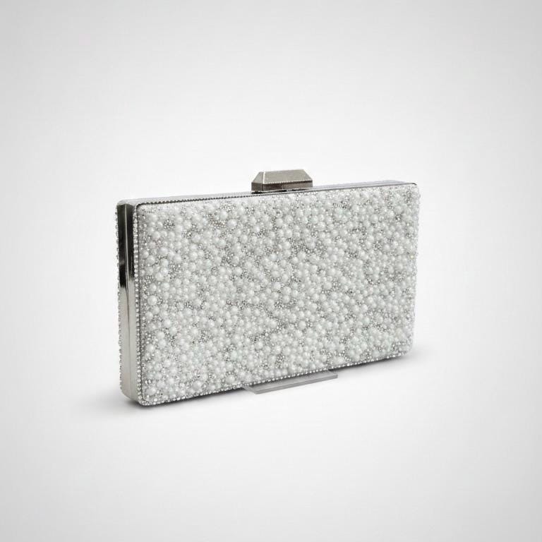 Pearl Crystal Bridal Clutch, Beaded Metal Box Wedding Purse