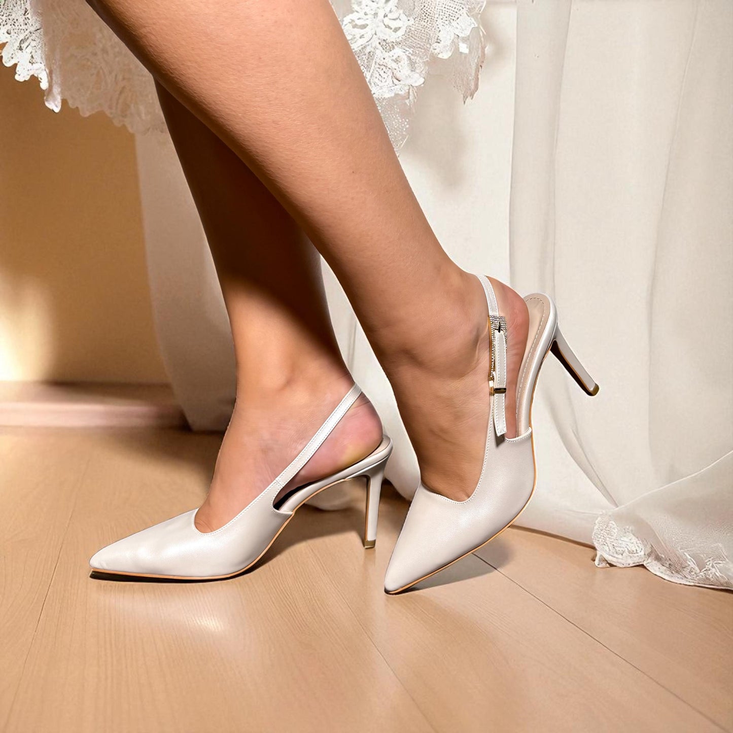 Ivory Leather Slingback Wedding Shoes with Crystal Buckle, Pearl Bridal Shoes, Kitten Heels