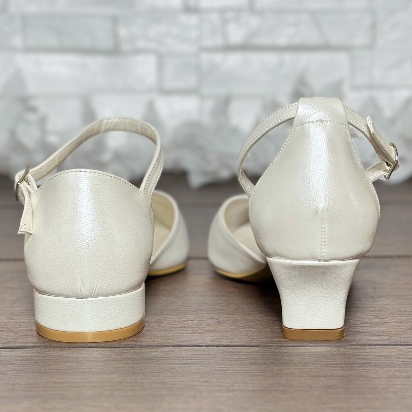 Pearl Low Heel Bridal Shoes, Leather Wedding Pumps with Ankle Strap, Flat Bridal