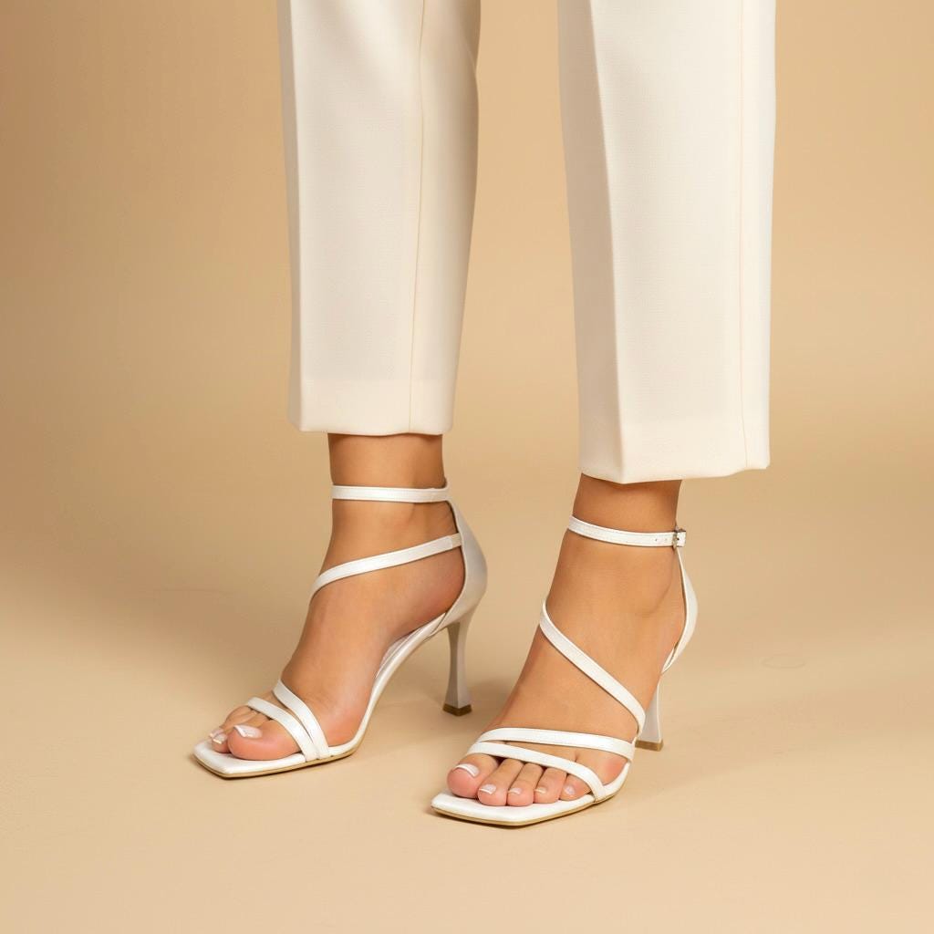 Ivory Strappy Bridal Shoes, Minimal Ankle Strap Wedding Sandals