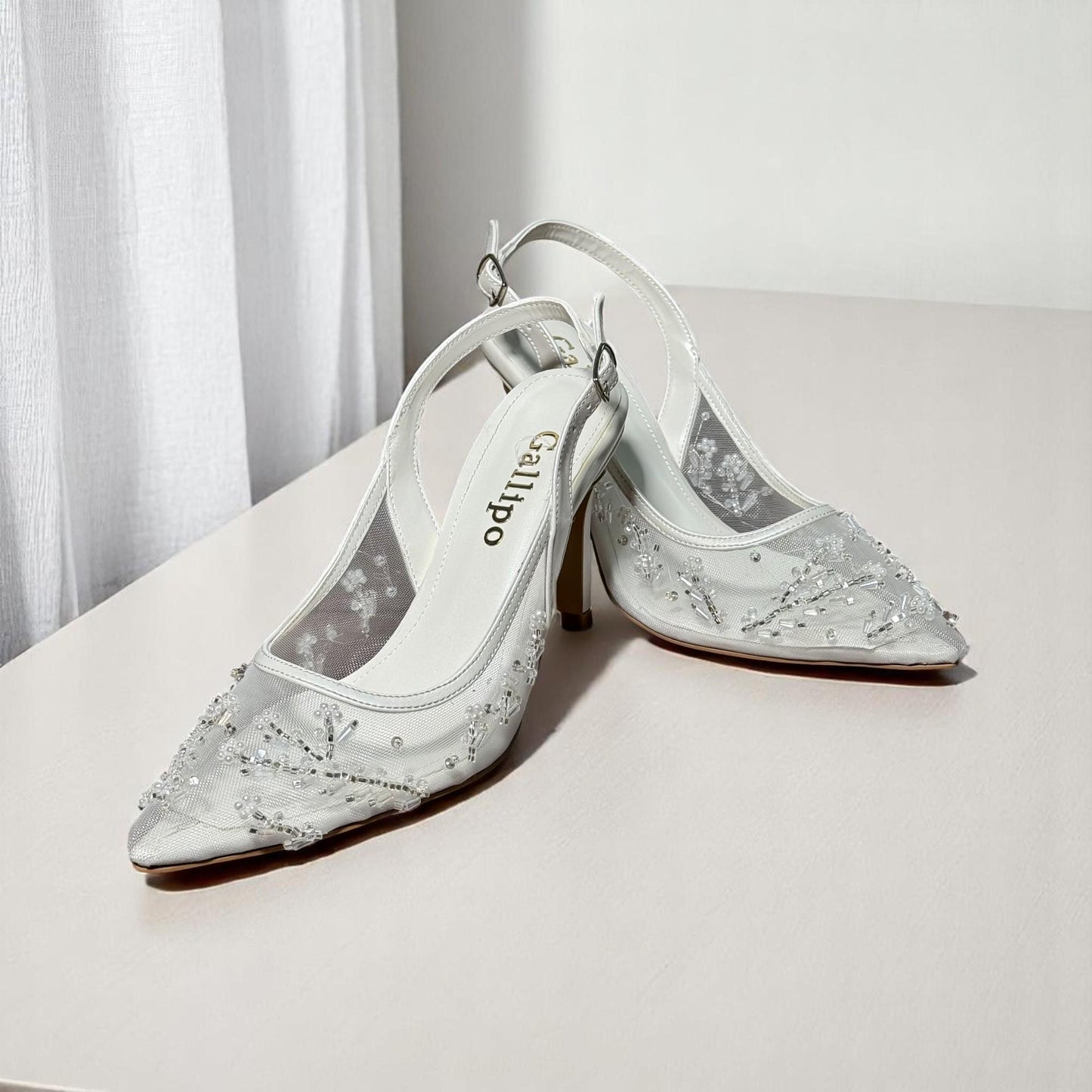 Beaded Mesh Bridal Shoes, Sheer Slingback Pearl Wedding Shoes, Kitten Heels