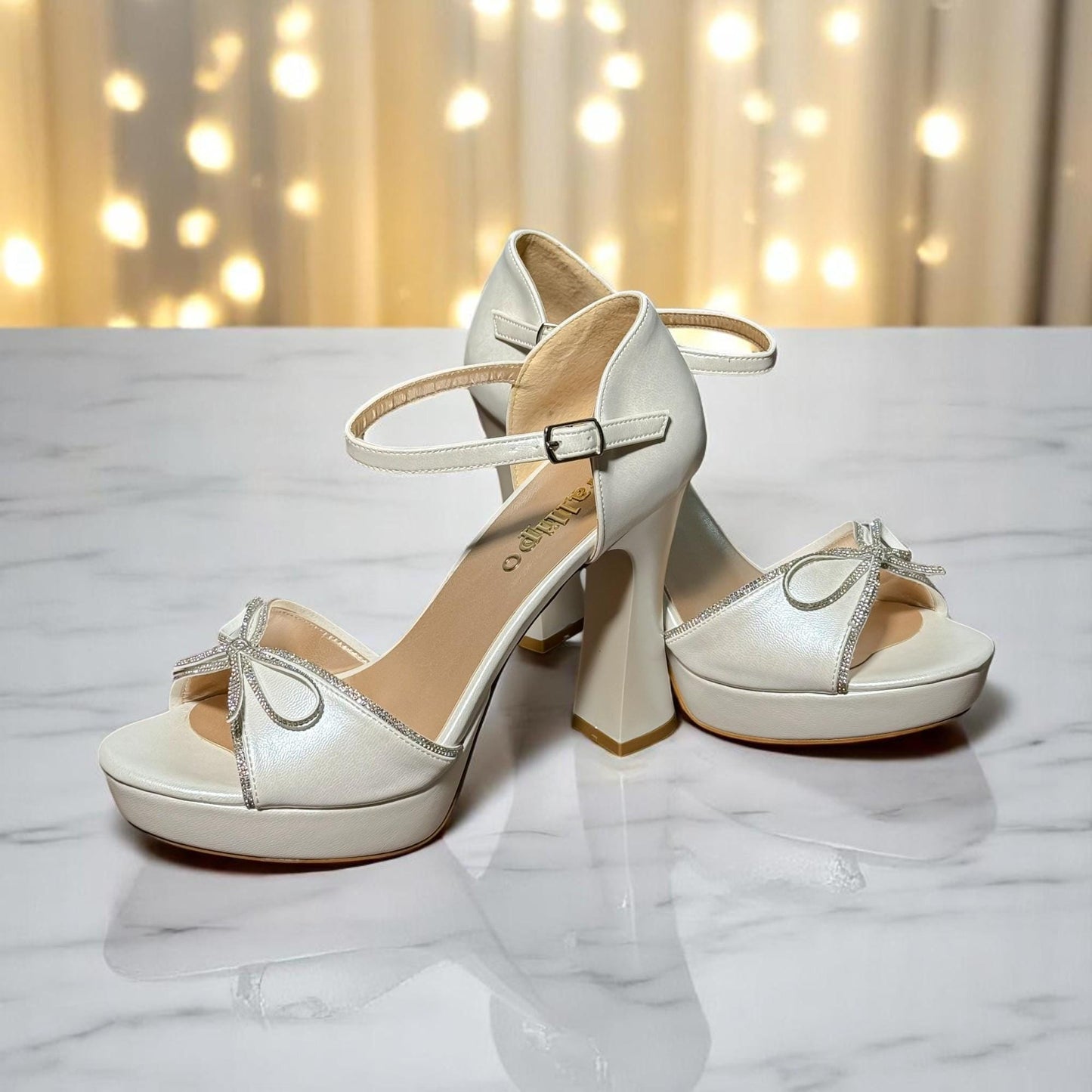 Pearl Leather Bridal Shoes, Platform Wedding Shoes with Bow, Block Heels