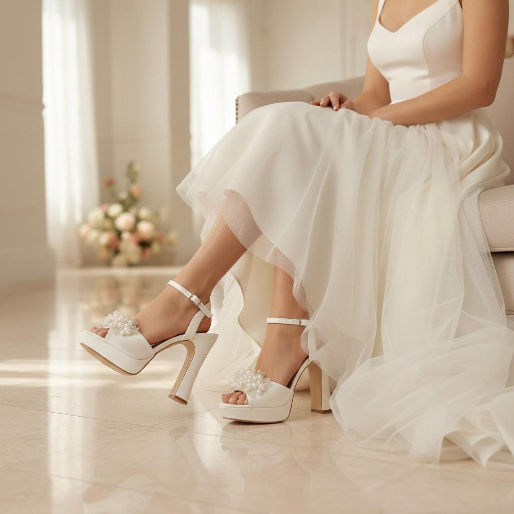 Pearl Embellished Bridal Shoes, High Block Heels Platform Wedding Shoes