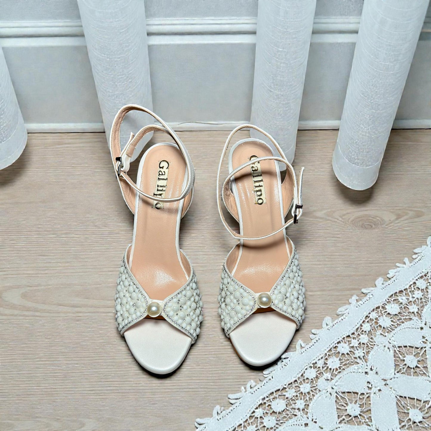 Pearl Embroidered Open Toe Bridal Heels, Elegant Wedding Pumps