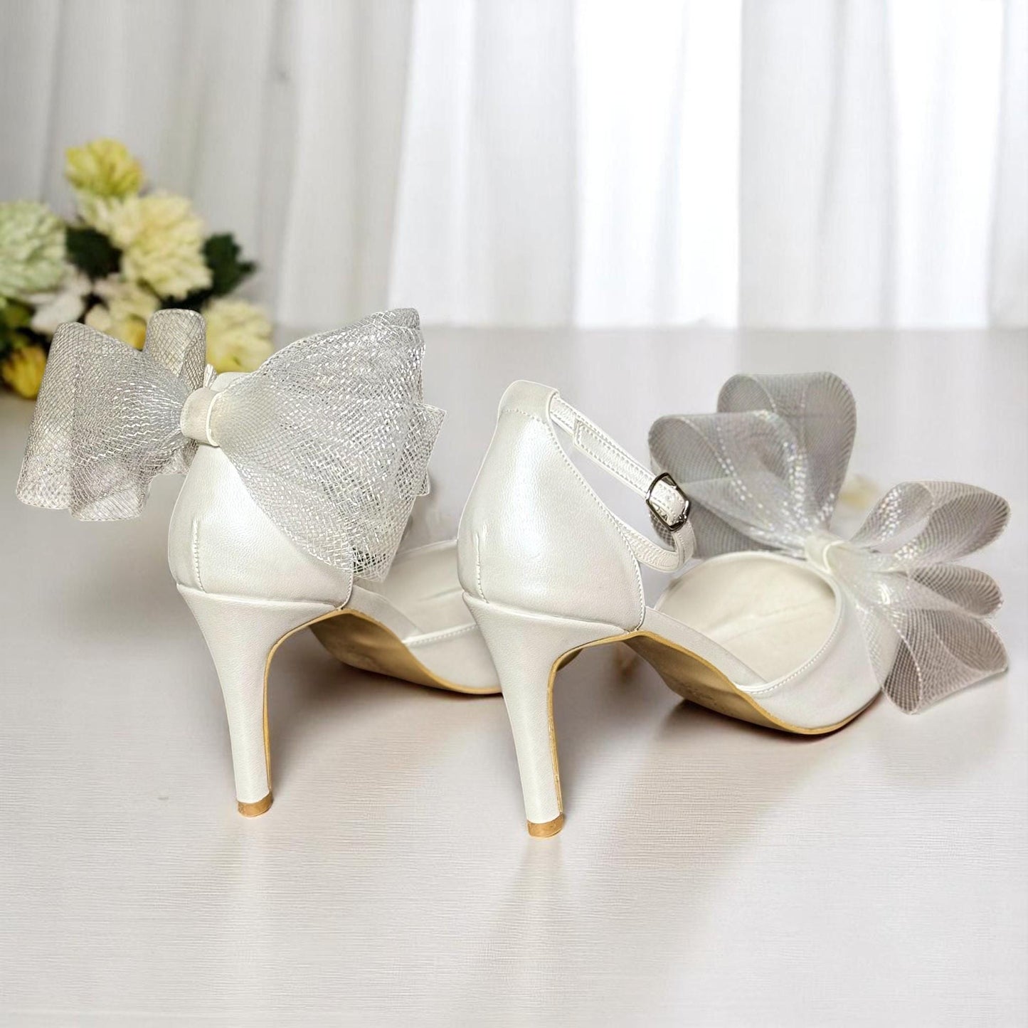 Pearl Stiletto Bridal Shoes, Leather Wedding Shoes with Tulle Bow, Kitten Heels