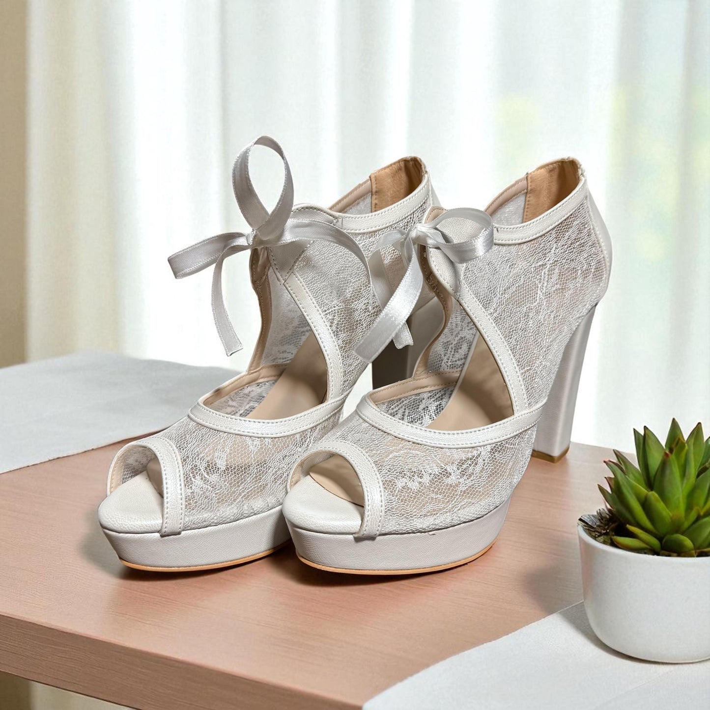 Pearl Lace Platform Bridal Shoes, Open Toe Wedding Shoes, Block High Heels