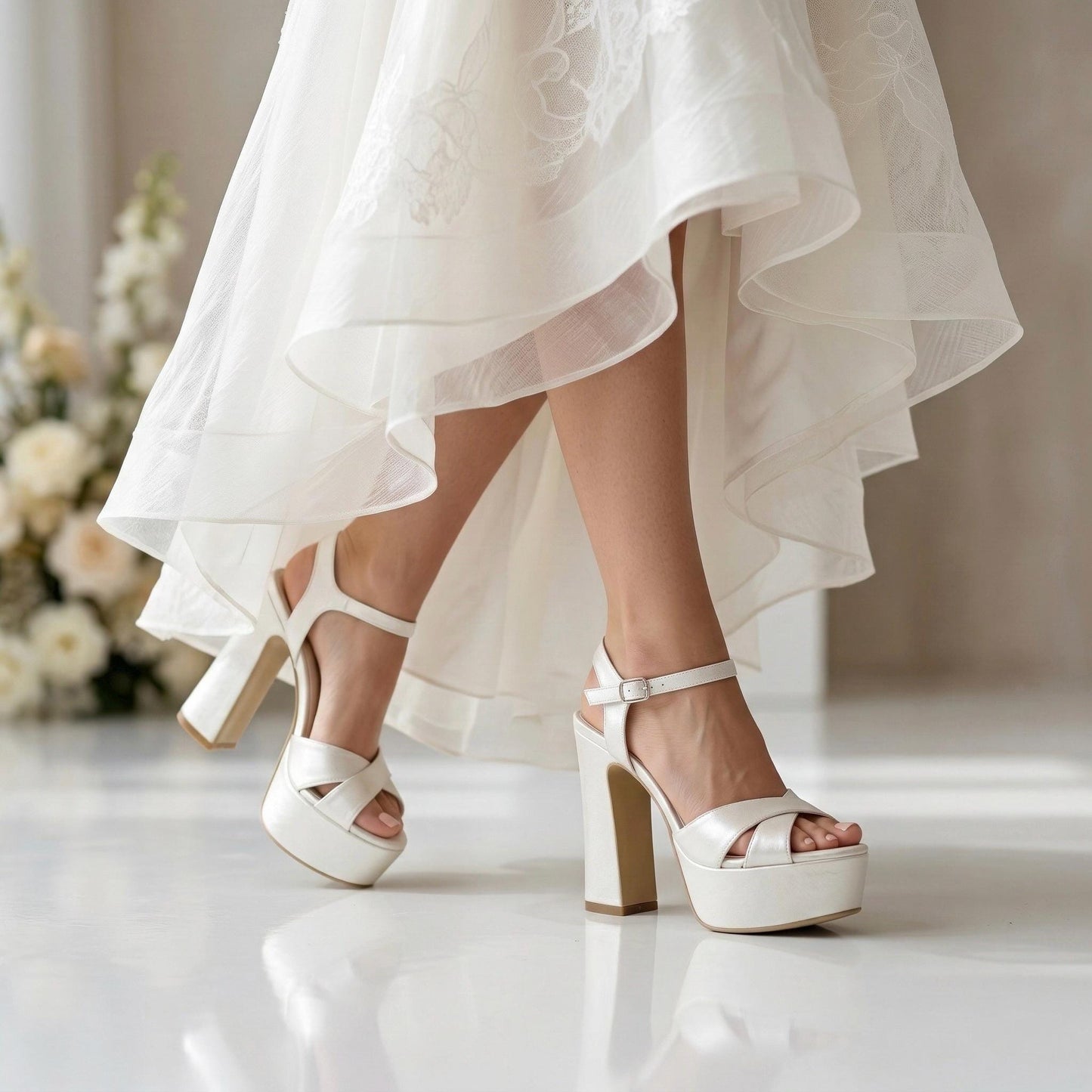 Ivory Platform Bridal Shoes, High Heel Wedding Shoes, Open Toe Ankle Strap Bride Sandals