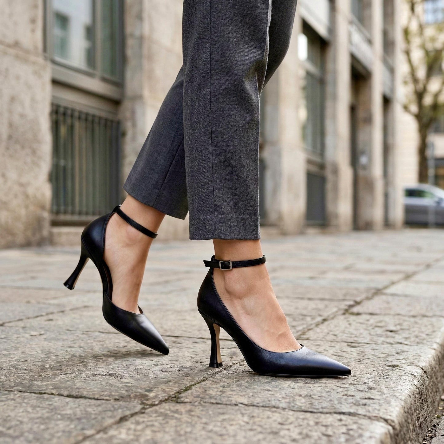 Black Matte Leather Stiletto Heels, Pointed Toe Ankle Strap Pumps Elegant Wedding Evening Shoes