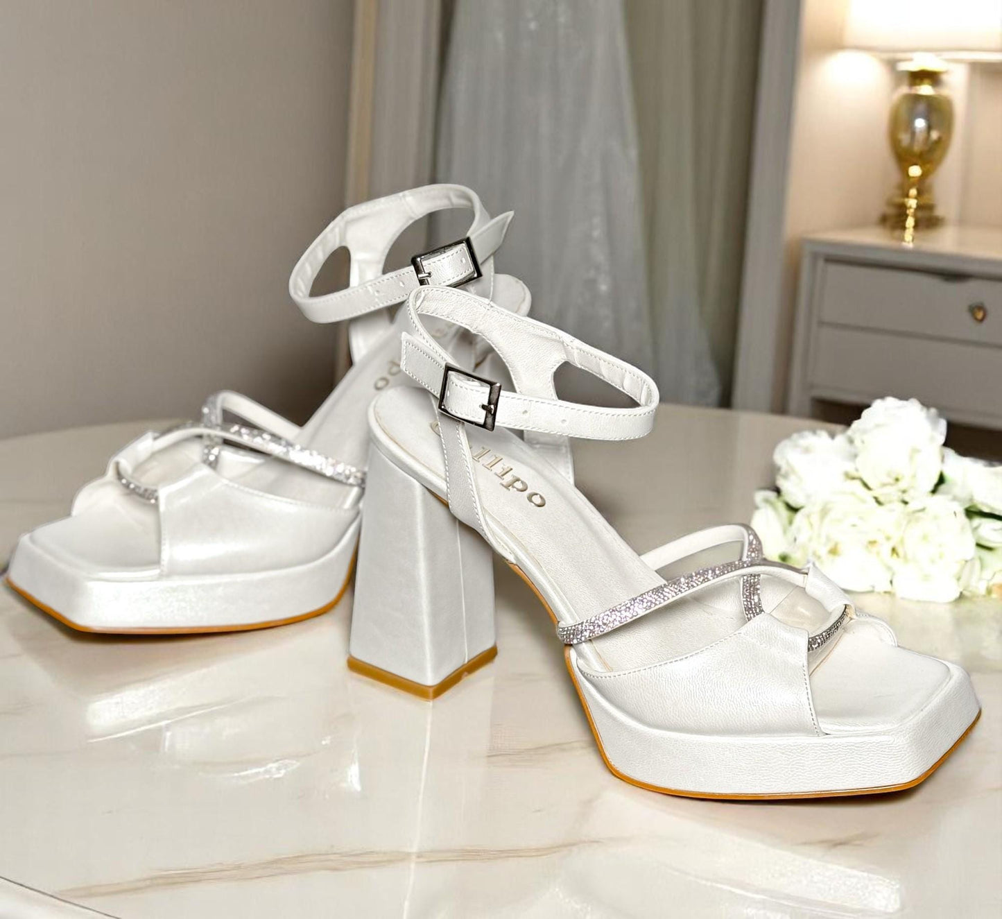 Ivory Bridal Platform Heels, Sparkly Ankle Strap Wedding Shoes