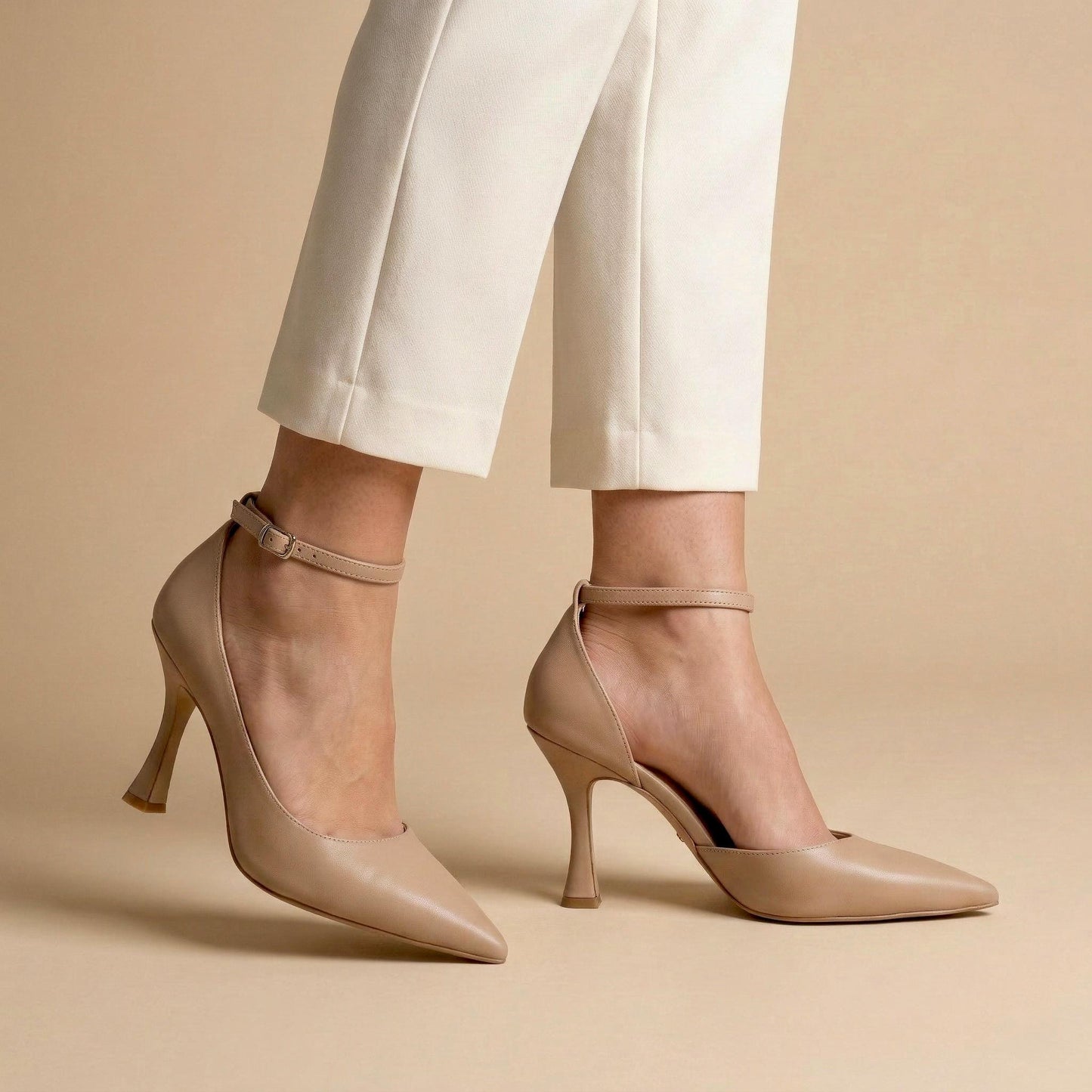 Beige Pointed Toe Stiletto Heels, Ankle Strap Elegant Nude Bridal Wedding Pumps