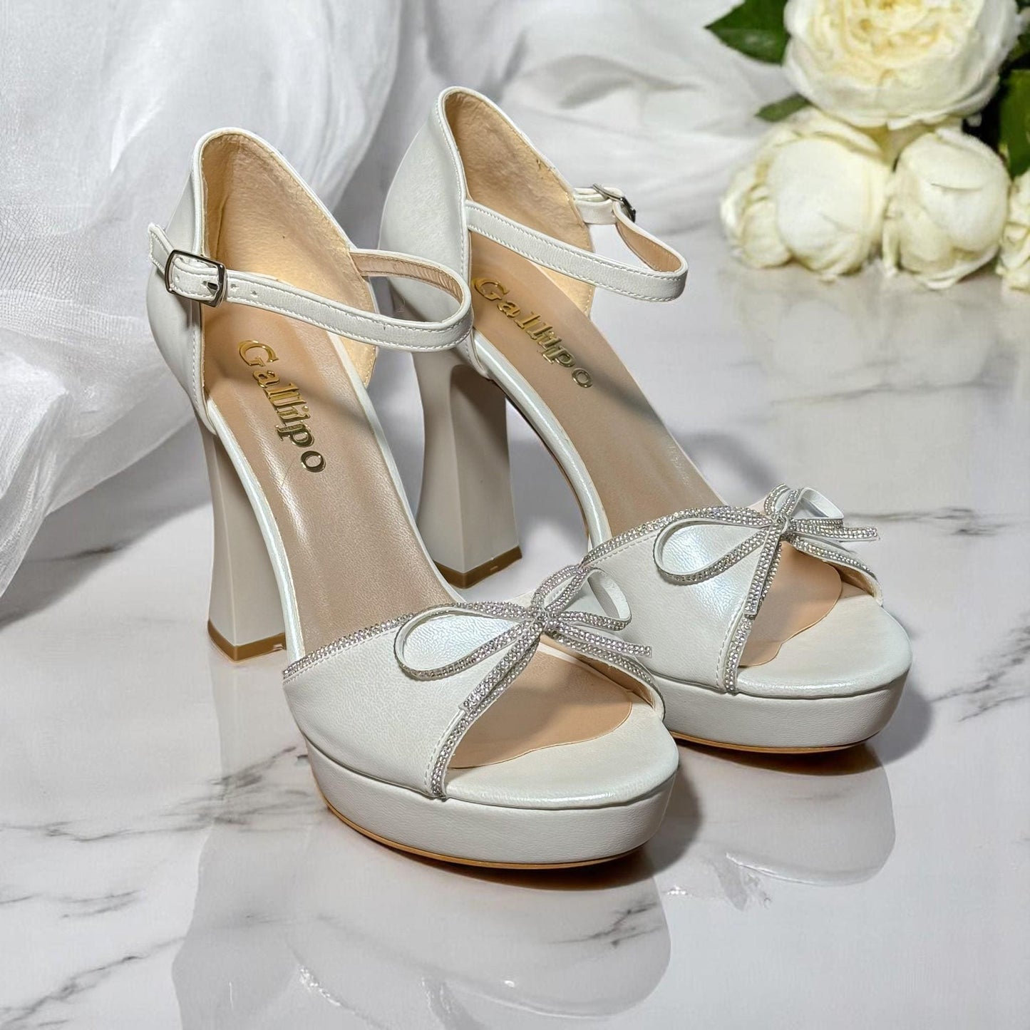 Pearl Leather Bridal Shoes, Platform Wedding Shoes with Bow, Block Heels