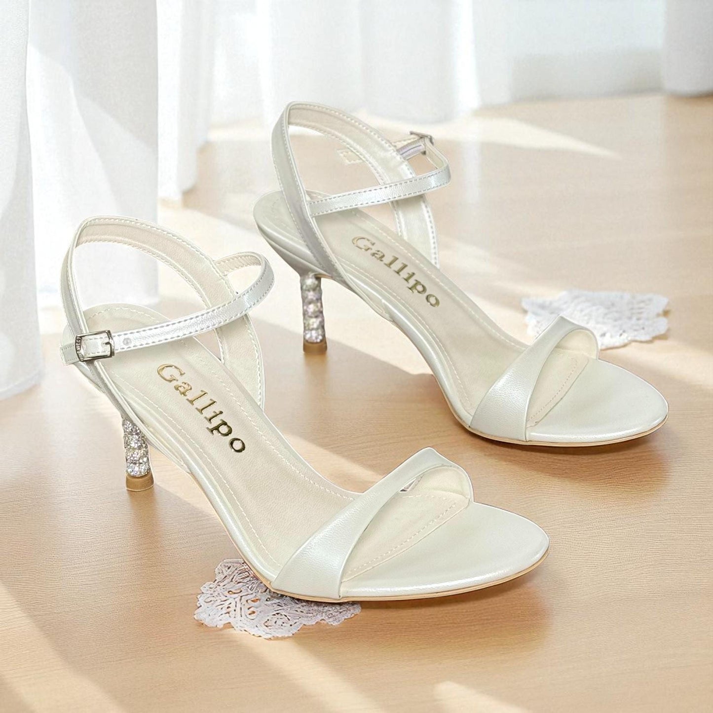 Ivory Leather Bridal Shoes, Crystal Kitten Heel, Ankle Strap Sandals