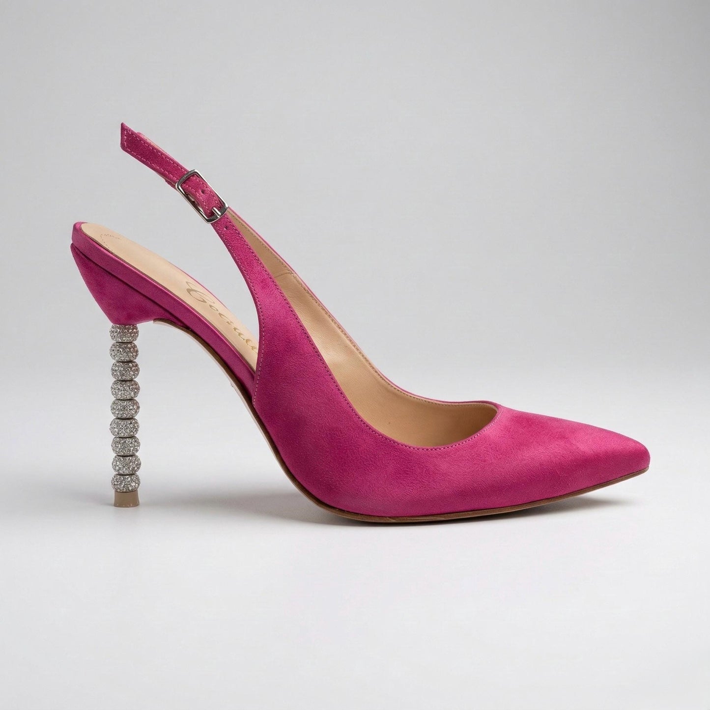Fuchsia Satin Crystal Heel Stiletto Bridal Shoes, Pointed Toe Slingback Elegant Wedding Shoes