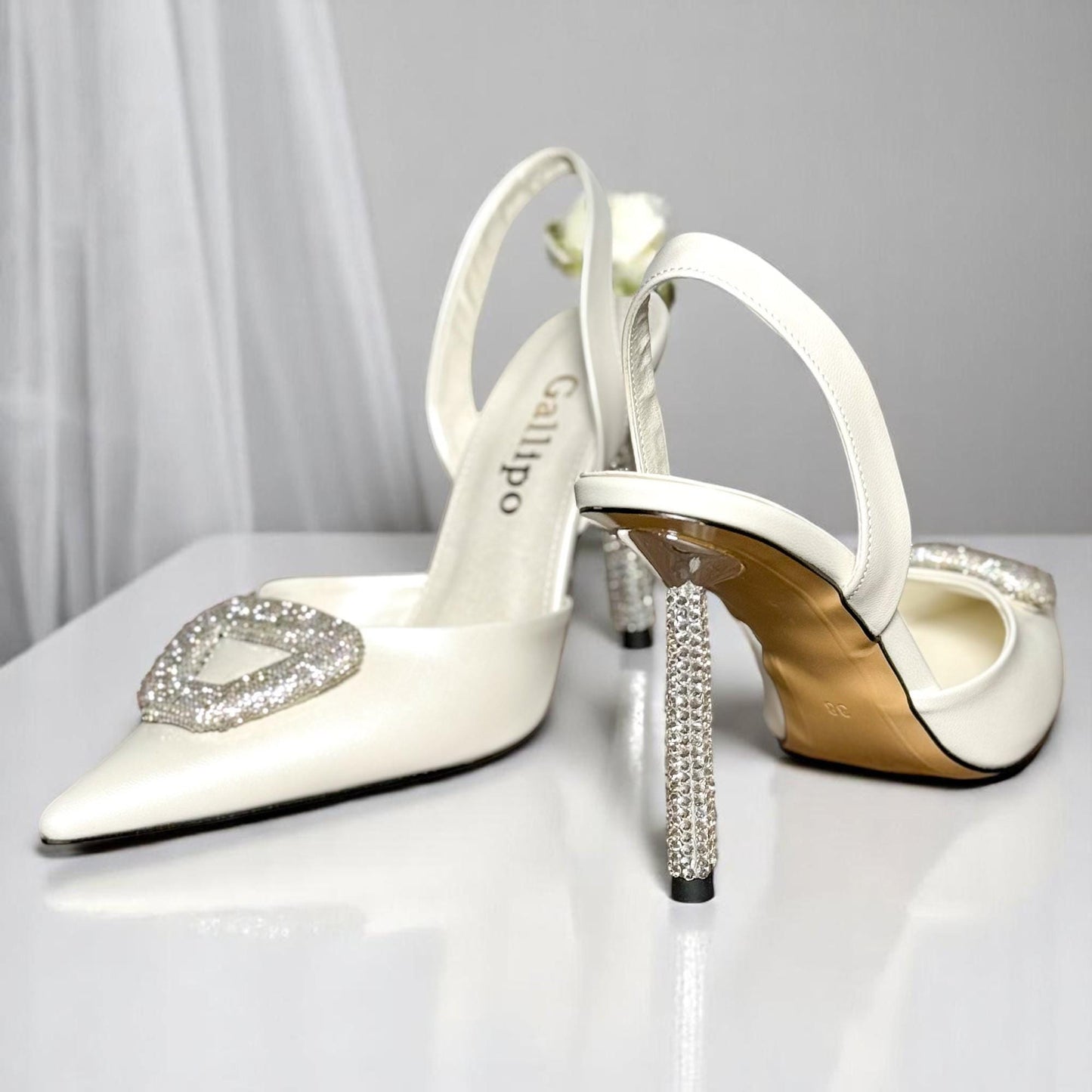 Bridal Slingback Stiletto Heels: Ivory Wedding Shoes with Crystal Buckle
