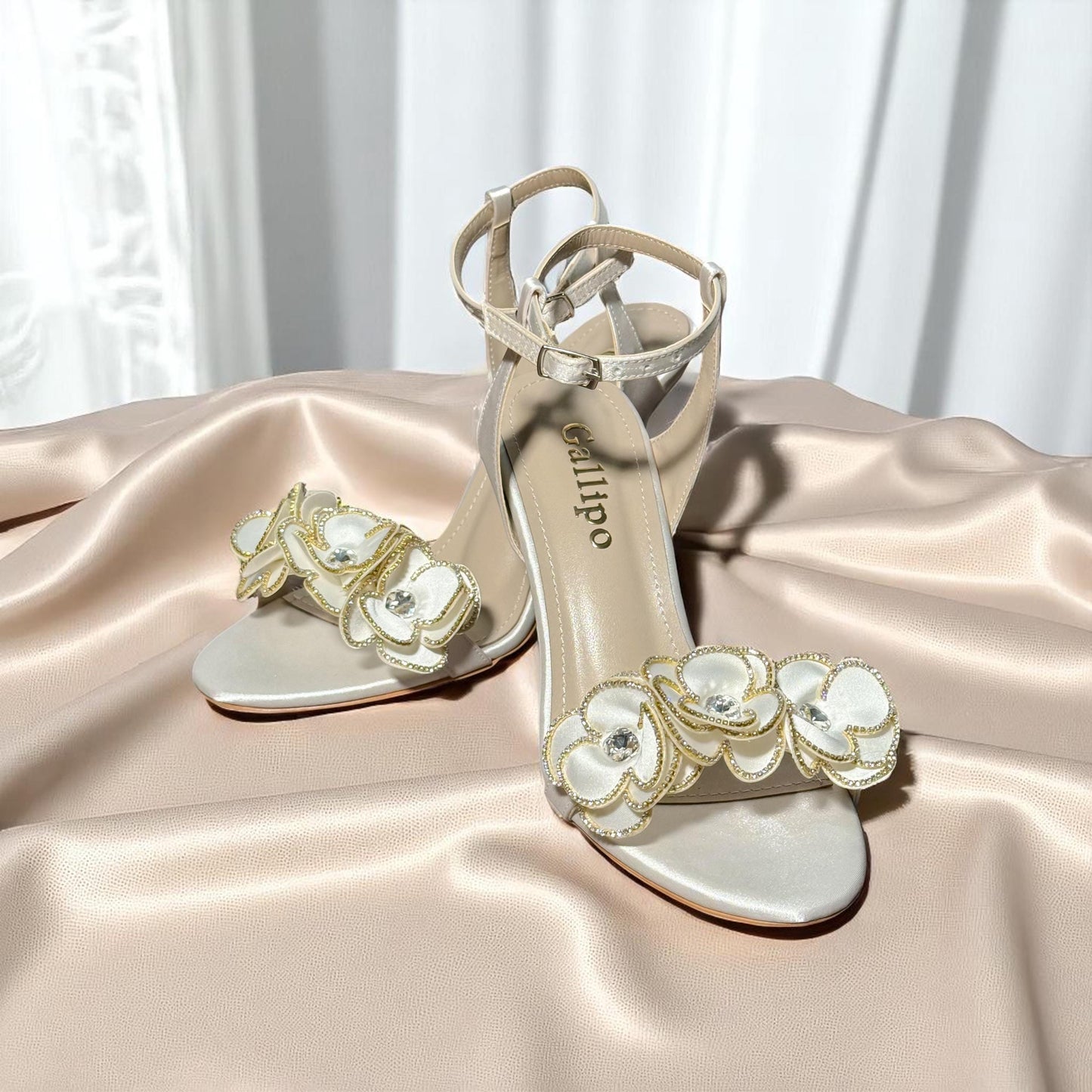 Ivory Satin Bridal Shoes with 3D Flower Detail, Wedding Heels