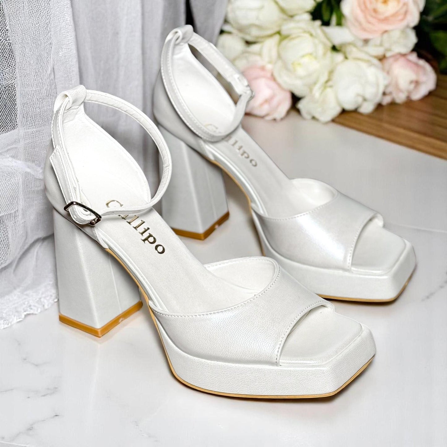 Retro Leather Platform Bridal Shoes, Pearl Open Toe Comfy Wedding Shoes