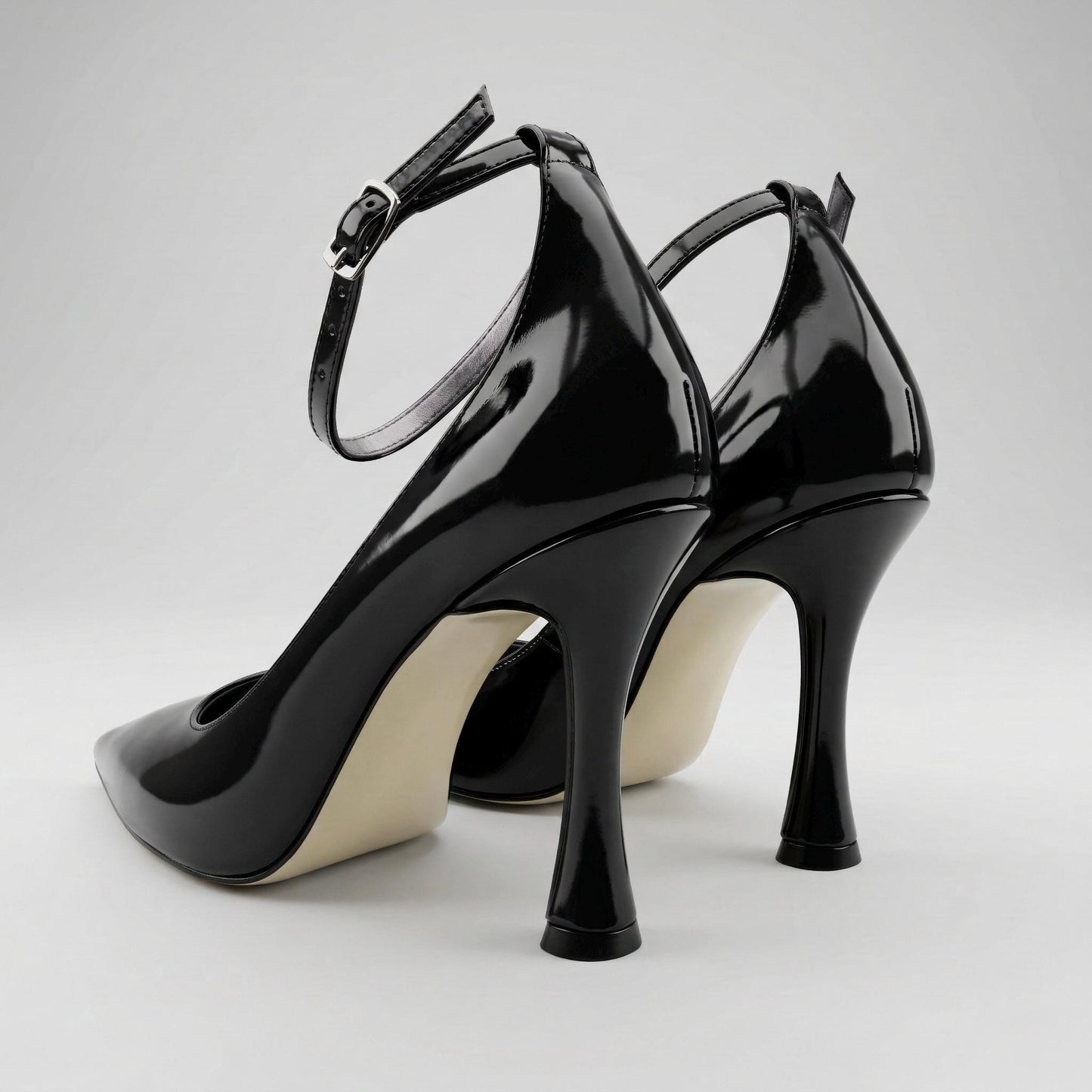 Black Patent Leather Stiletto Heels, Pointed Toe Ankle Strap Pumps Elegant Wedding Evening Shoes