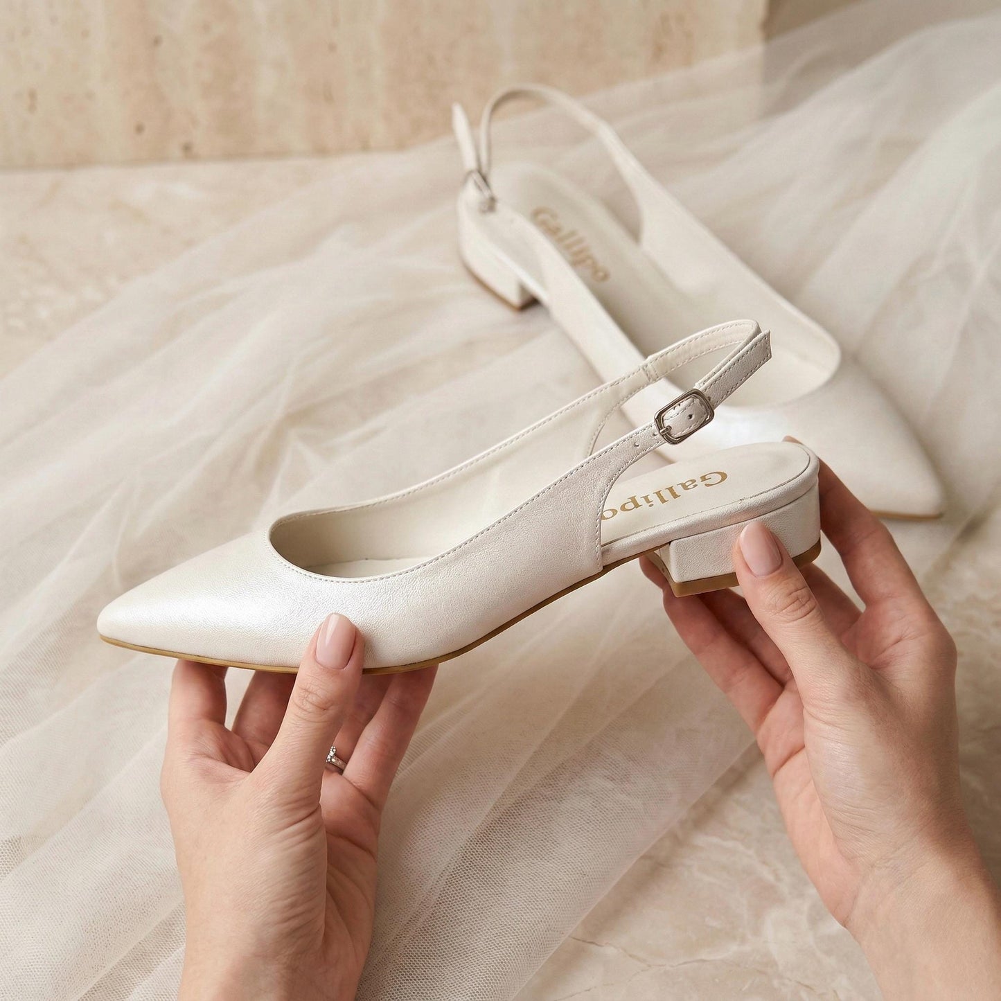 Ivory Low Heel Slingback Bridal Shoes, Pointed Toe Leather Wedding Kitten Heels