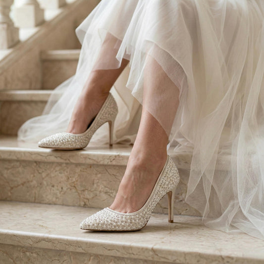 Ivory Pearl Bridal Stiletto Heels, Beaded Wedding Shoes, Elegant High Heel Bride