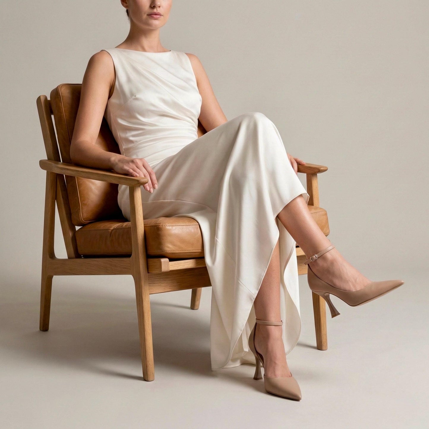 Beige Pointed Toe Stiletto Heels, Ankle Strap Elegant Nude Bridal Wedding Pumps