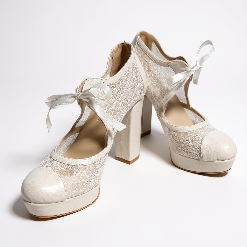 Pearl Lace Platform Bridal Shoes, Open Toe Wedding Shoes, Block High Heels