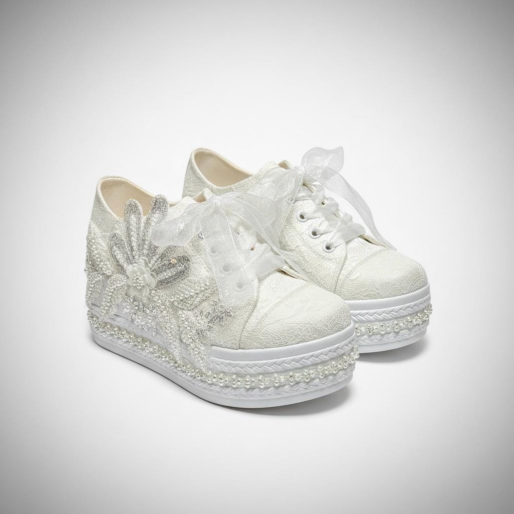 Pearl Bridal Sneakers, Ivory Lace Wedding Shoes, Platform Comfortable Bride Sneakers