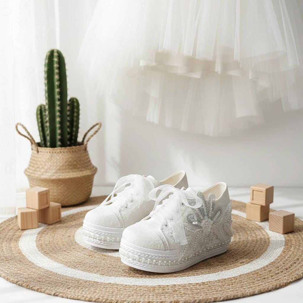 Pearl Bridal Sneakers, Ivory Lace Wedding Shoes, Platform Comfortable Bride Sneakers