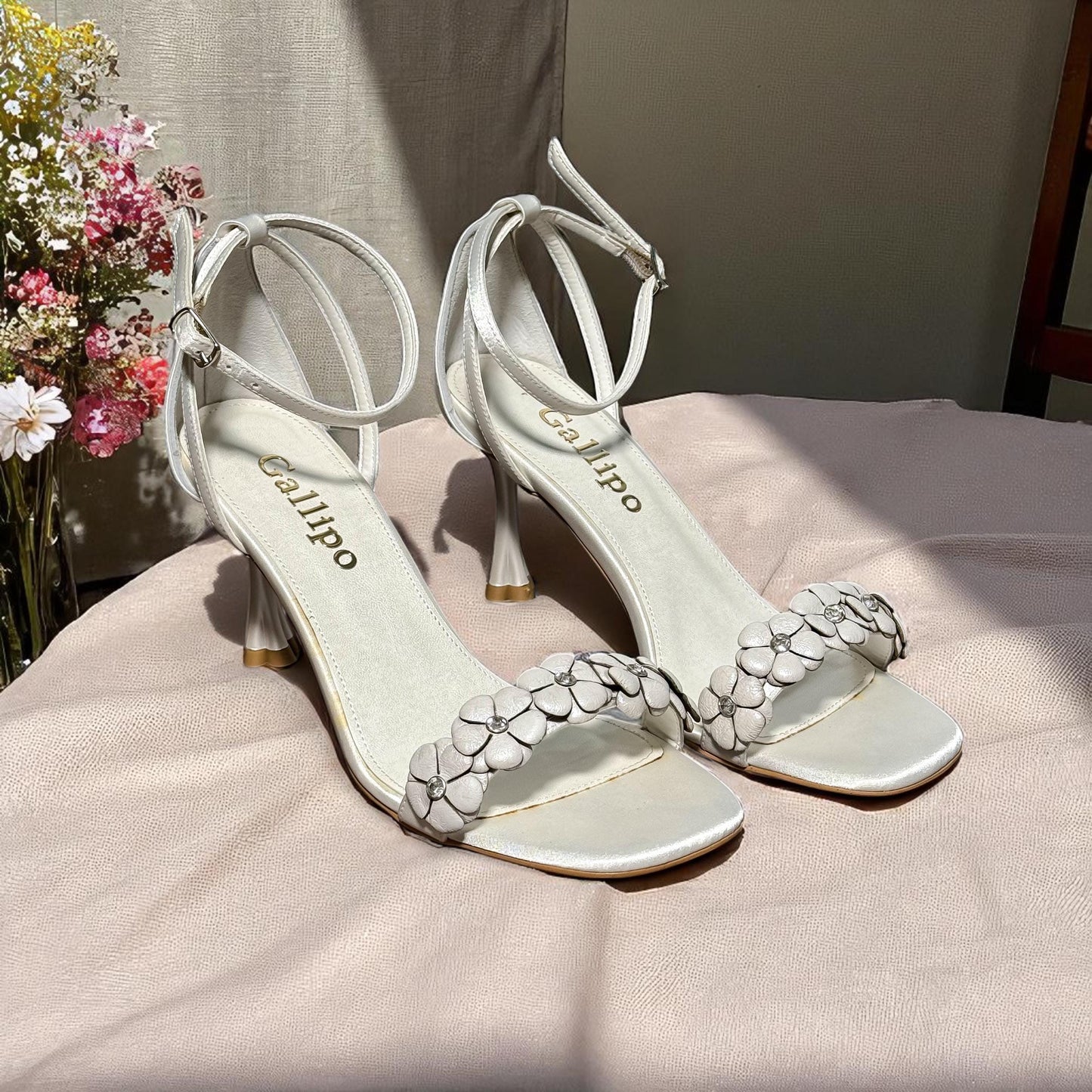 Ivory Satin Floral Bridal Heels, Elegant Wedding Shoes, Bridesmaid Sandals