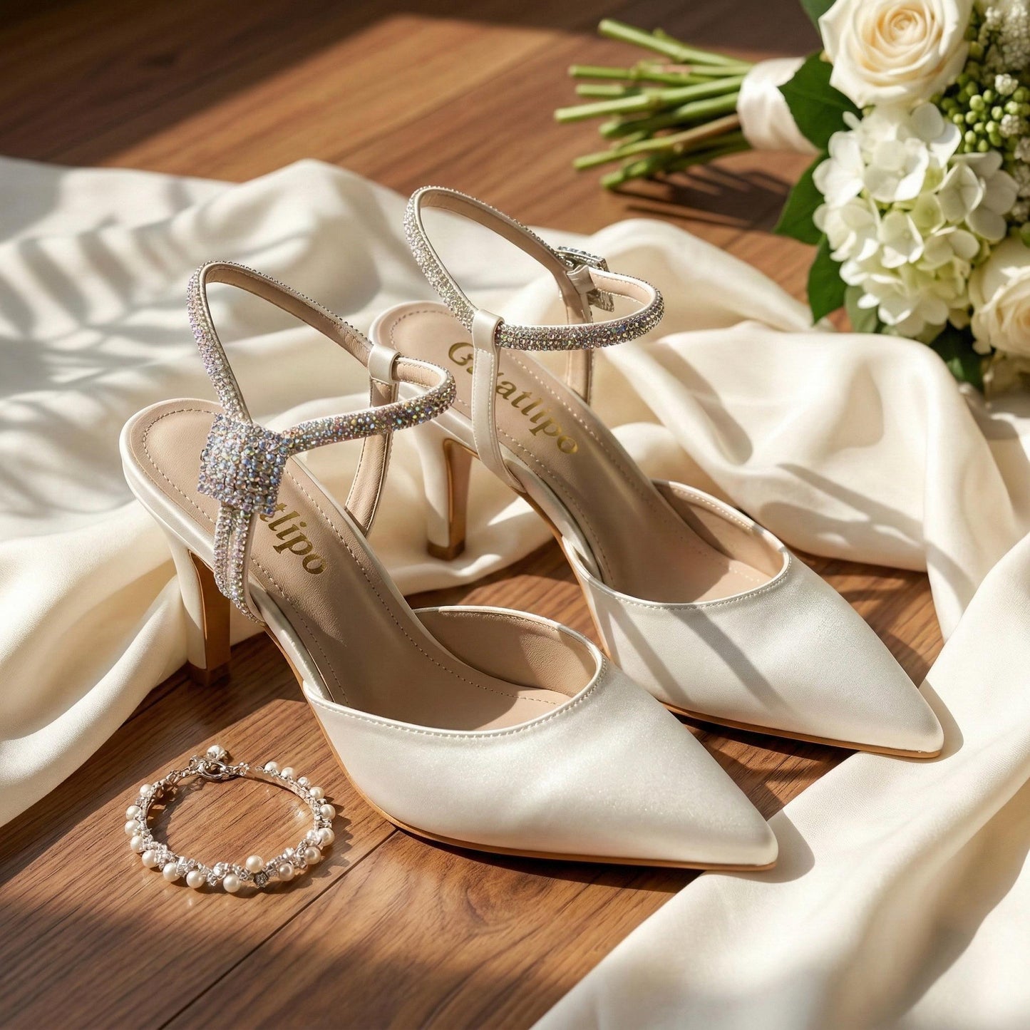 Ivory Satin Bridal Shoes with Crystal Ankle Strap, Slingback Wedding Shoes, Kitten Heels