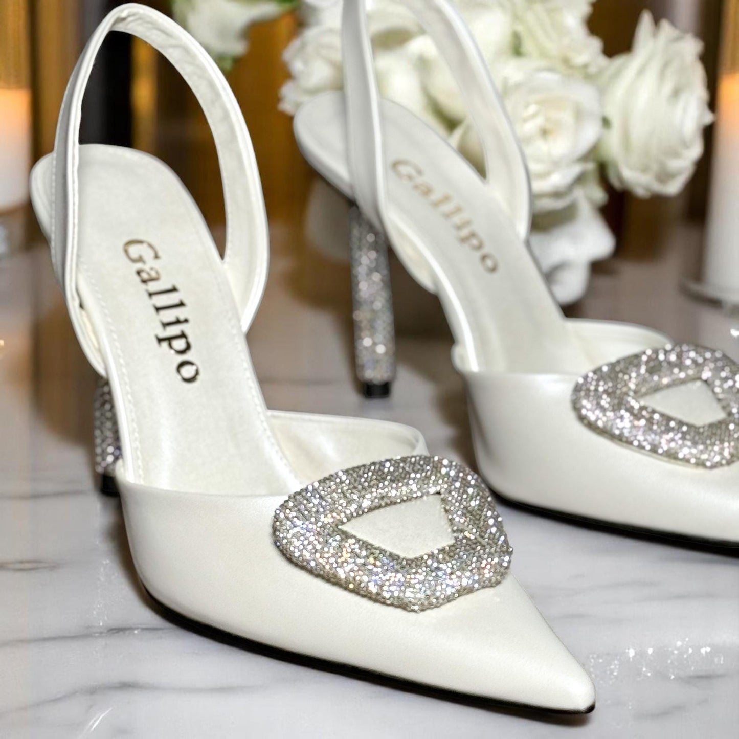 Bridal Slingback Stiletto Heels: Ivory Wedding Shoes with Crystal Buckle