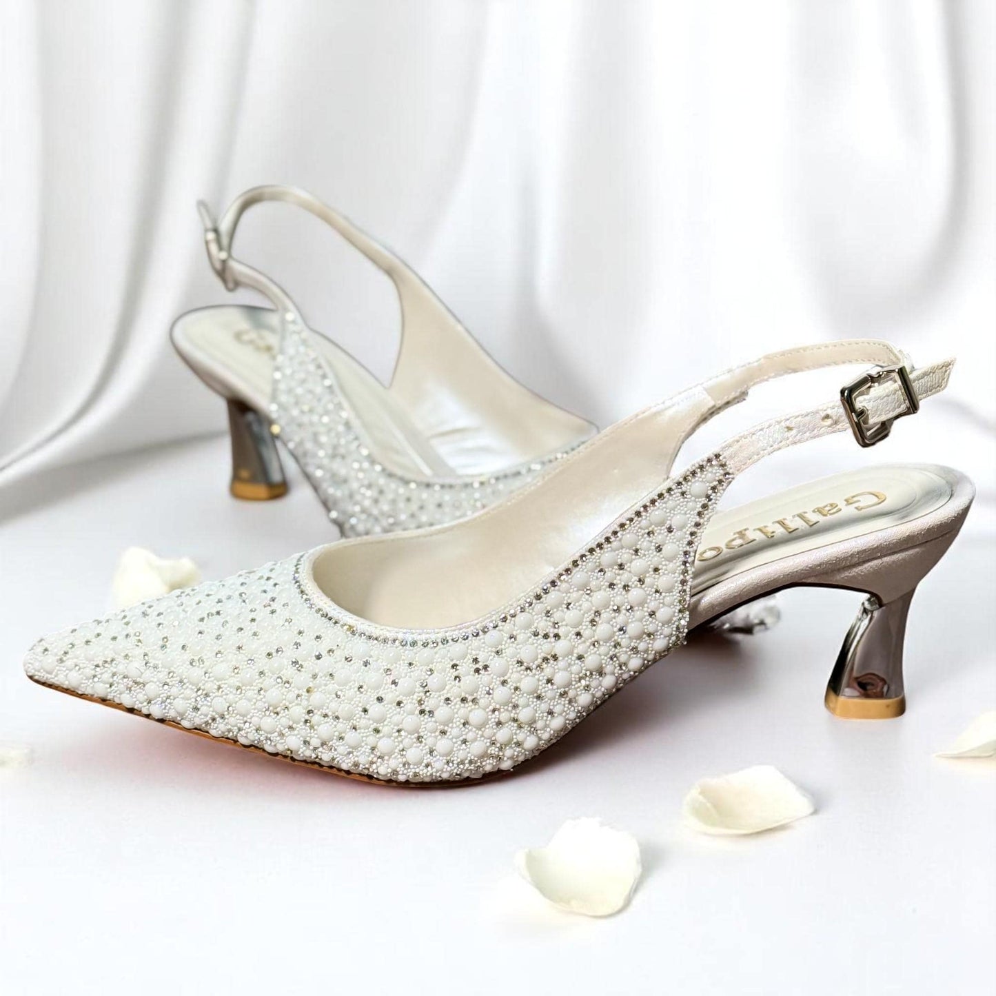 Pearl Embellished Bridal Shoes, Low Heel Slingback Wedding Shoes, Pointed Toe Kitten Pumps